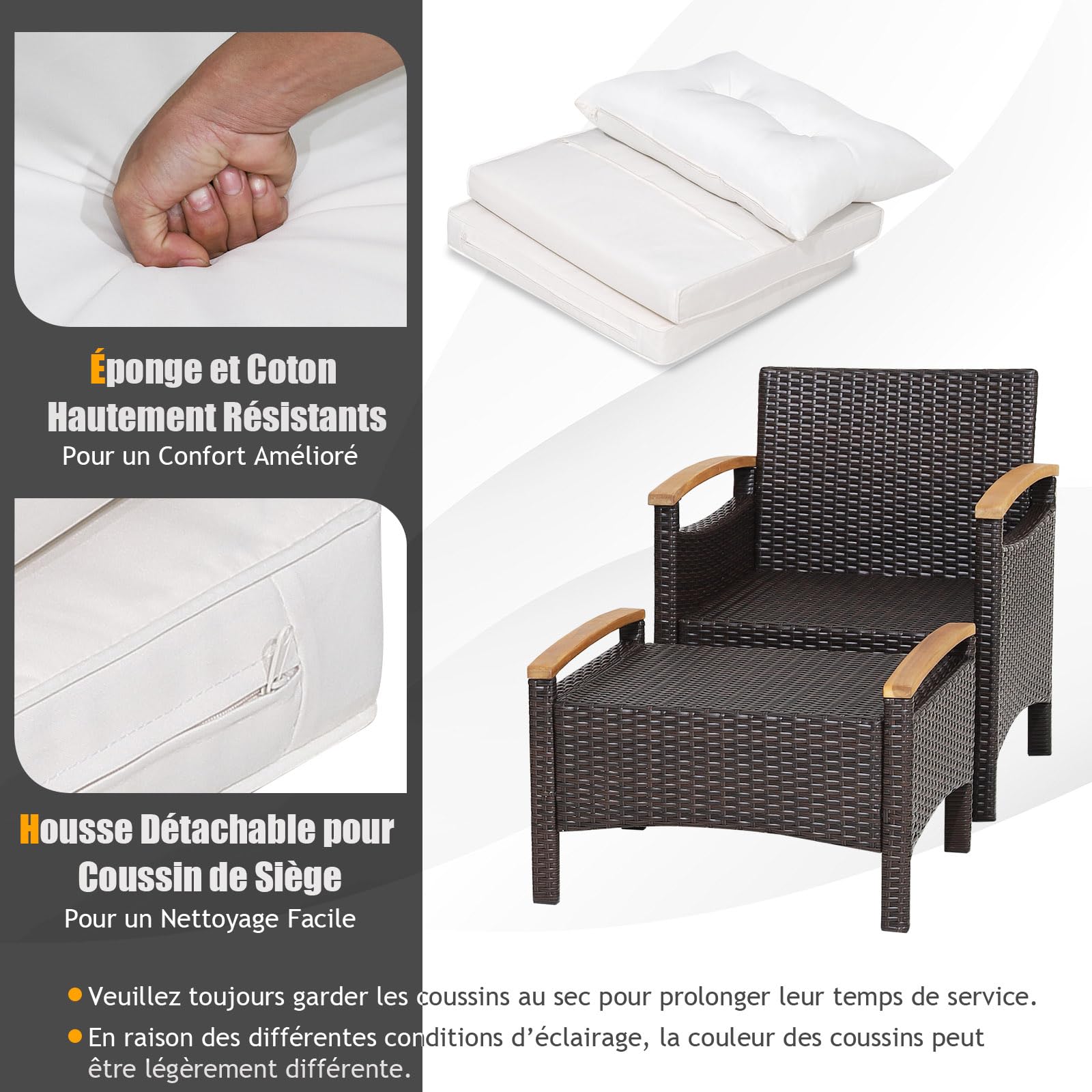 GIANTEX Salon de Jardin Extérieur 2-4 Personnes 5 Pcs en Résine, Fauteuils de Jardin avec Table Basse, 2 Tabourets/Repose-Pieds, Coussins, Pieds Antidérapants, Mobilier de Jardin pour Patio, Balcon