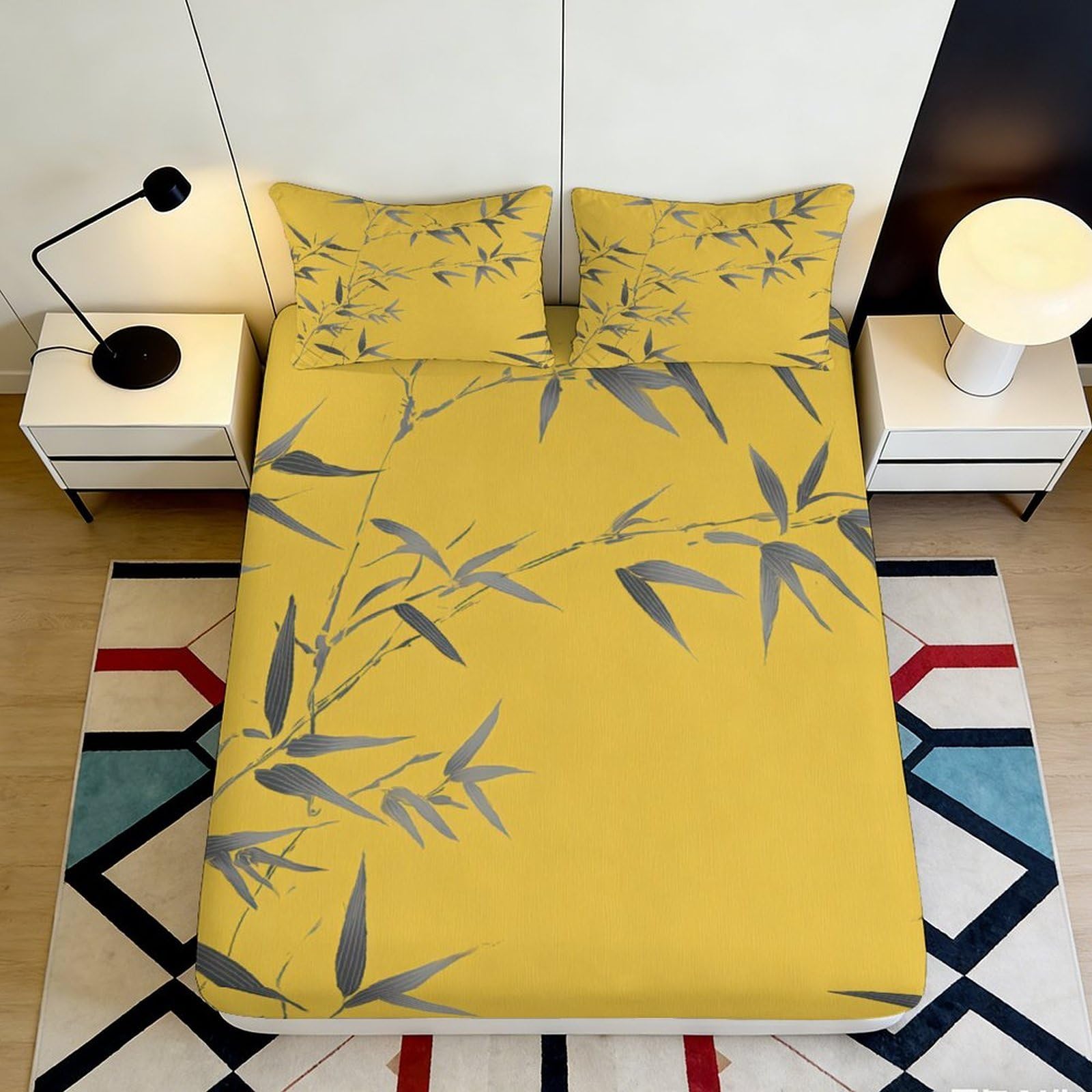 3D Printed Yellow Bamboo Fitted Sheet Microfiber Soft Breathable Grey Leaf Mattress Cover for Bedroom Guest Room 160x200x25cm