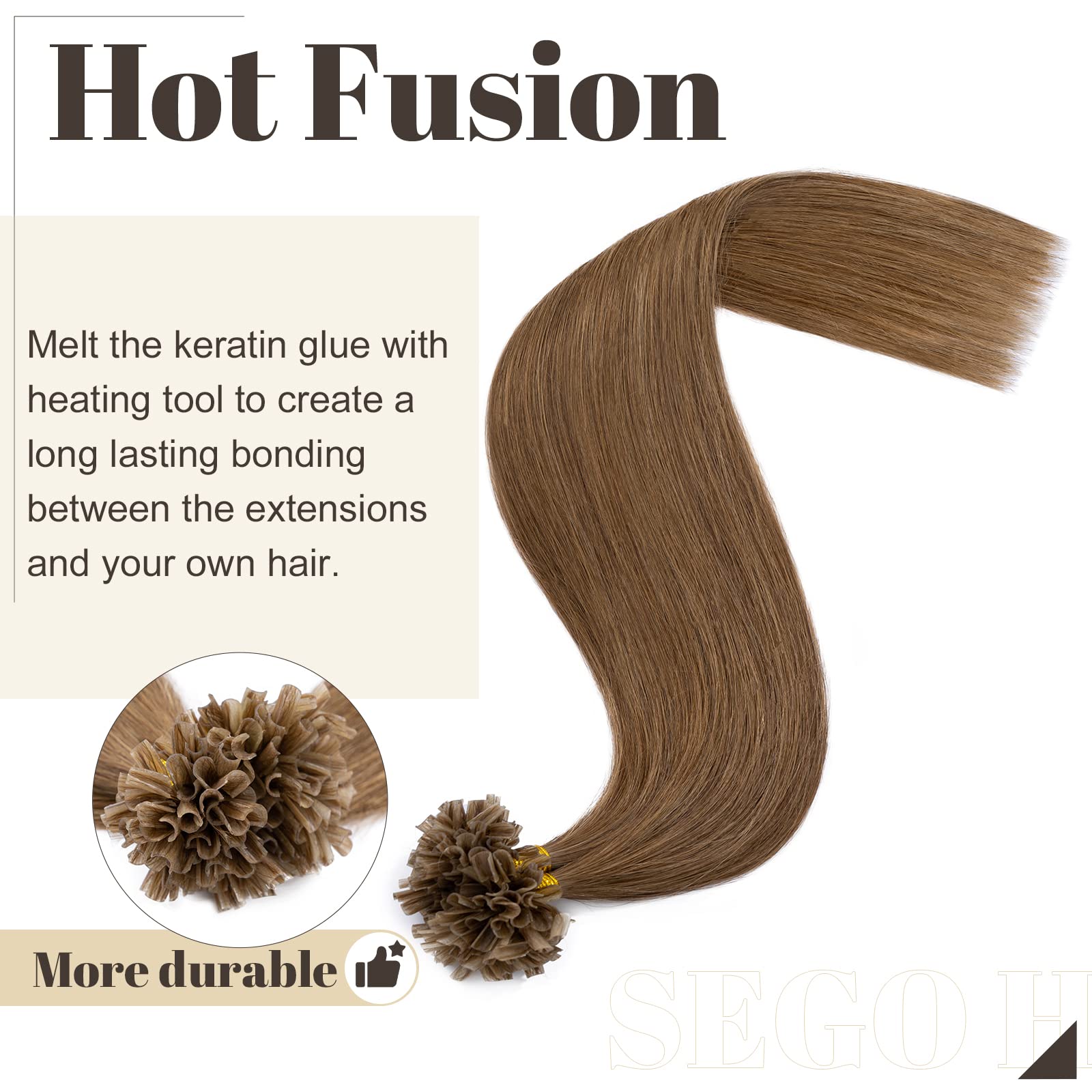 SEGO Extensiones Queratina Pelo Natural sin Clip U Tip Castaño Claro 100 Mechas 50g