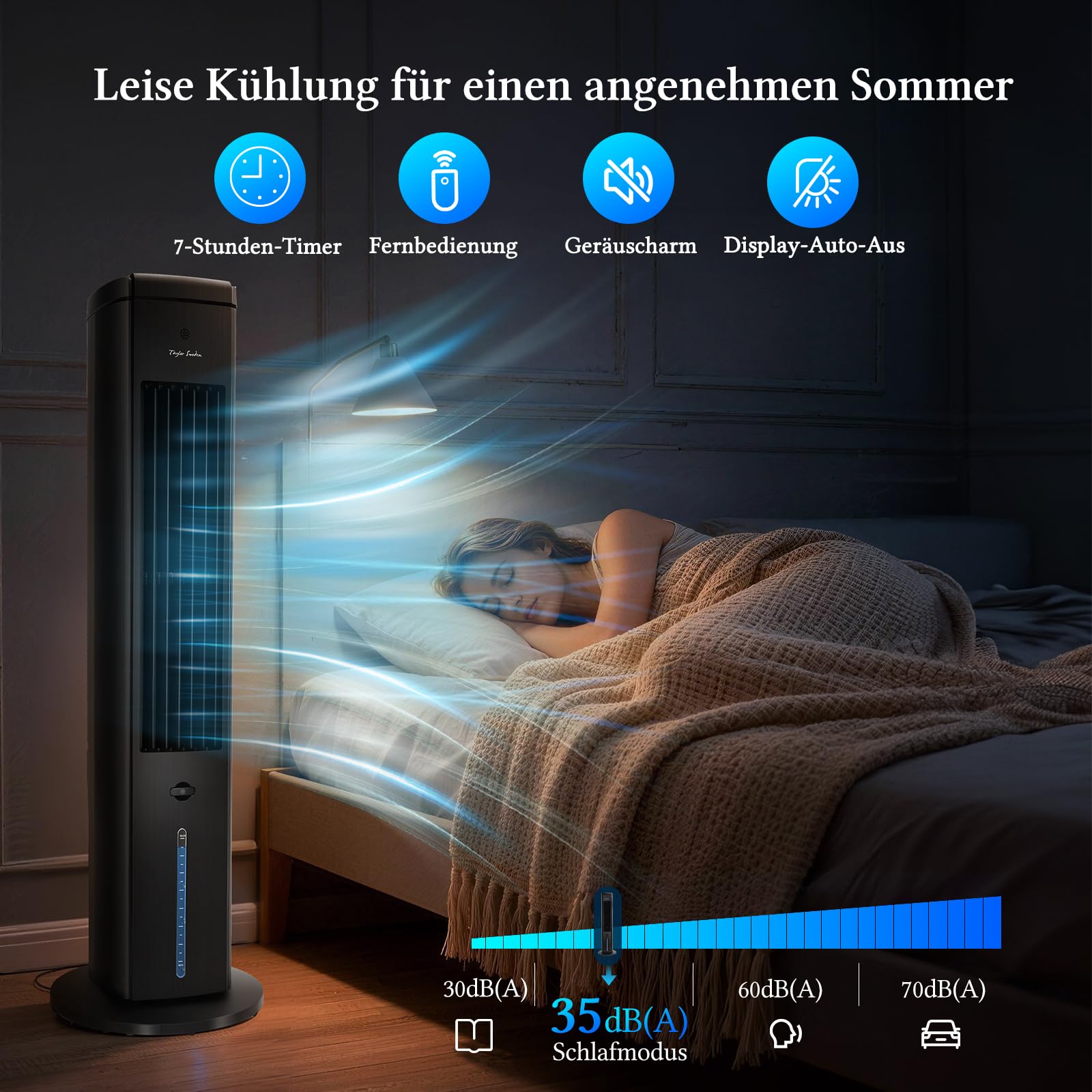 Taylor Swoden Turmventilator mit Wasserkühlung leise, 5-in-1 Luftkühler mit ION-Technologie & Aromadiffuser, 5L Wassertank, 75° Oszillation, 3 Geschwindigkeiten/Modi, 7h Timer, Fernbedienung, Schwarz