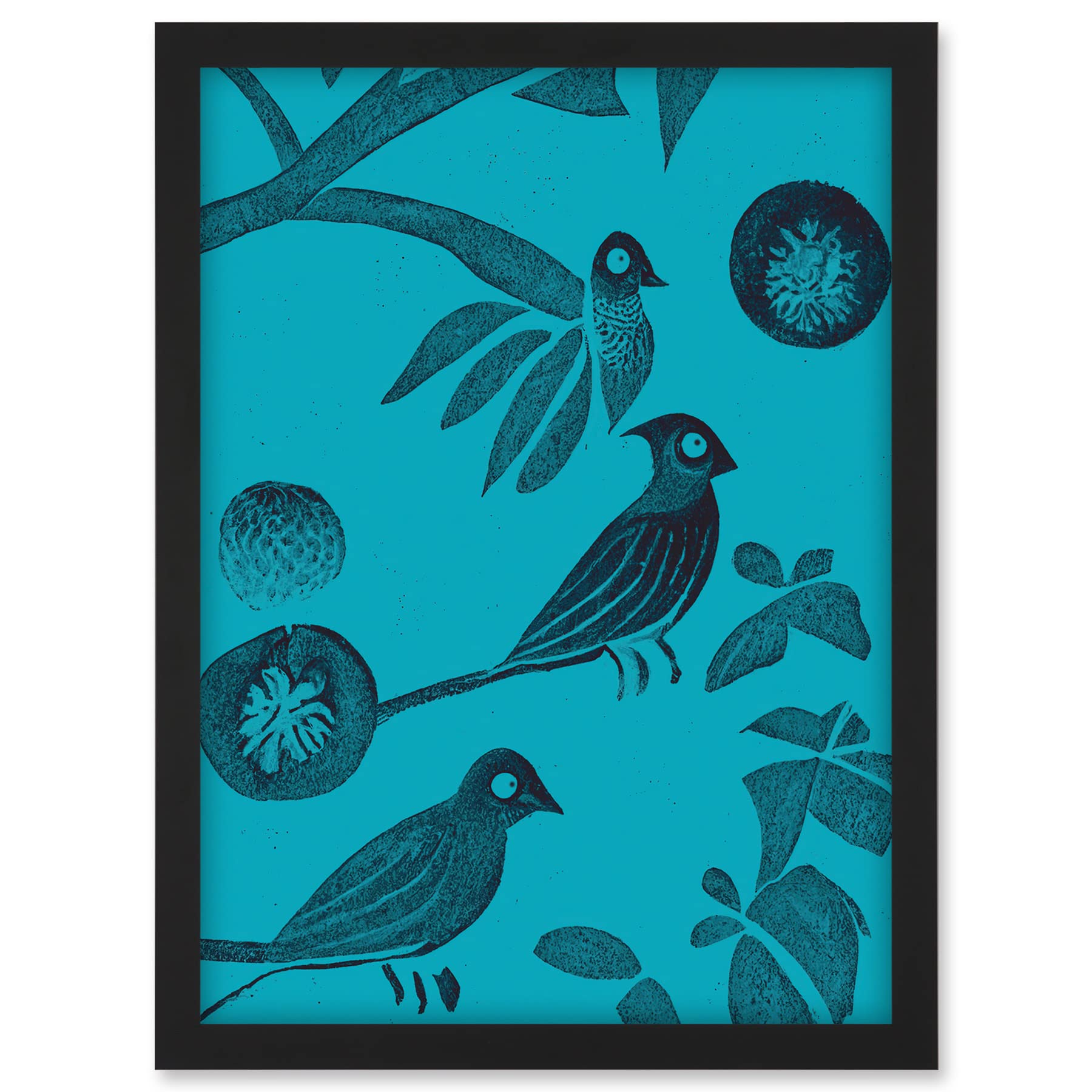 Doppelganger33 LTD Linocut Vintage Blue Birds Jungle Pattern Illustration Teal Artwork Framed A3 Wall Art Print