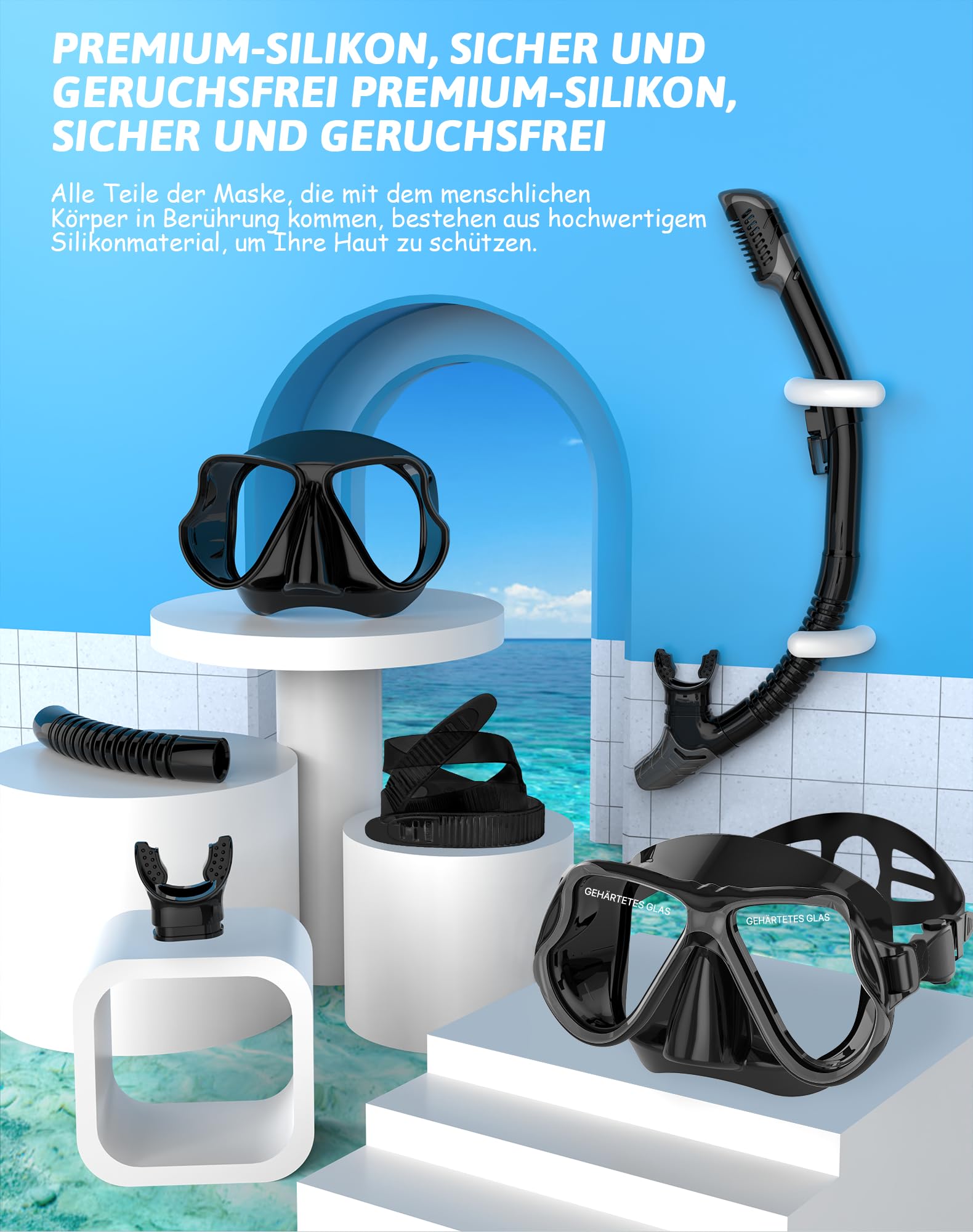 QcoQce Schnorchelset für Erwachsene, Trocken Schnorchel mit Anti-Fog und Anti-Leck Tauchmaske aus Gehärtetem Glas, Panorama Sicht und Leichtes Atmen für Schnorcheln und Tauchen