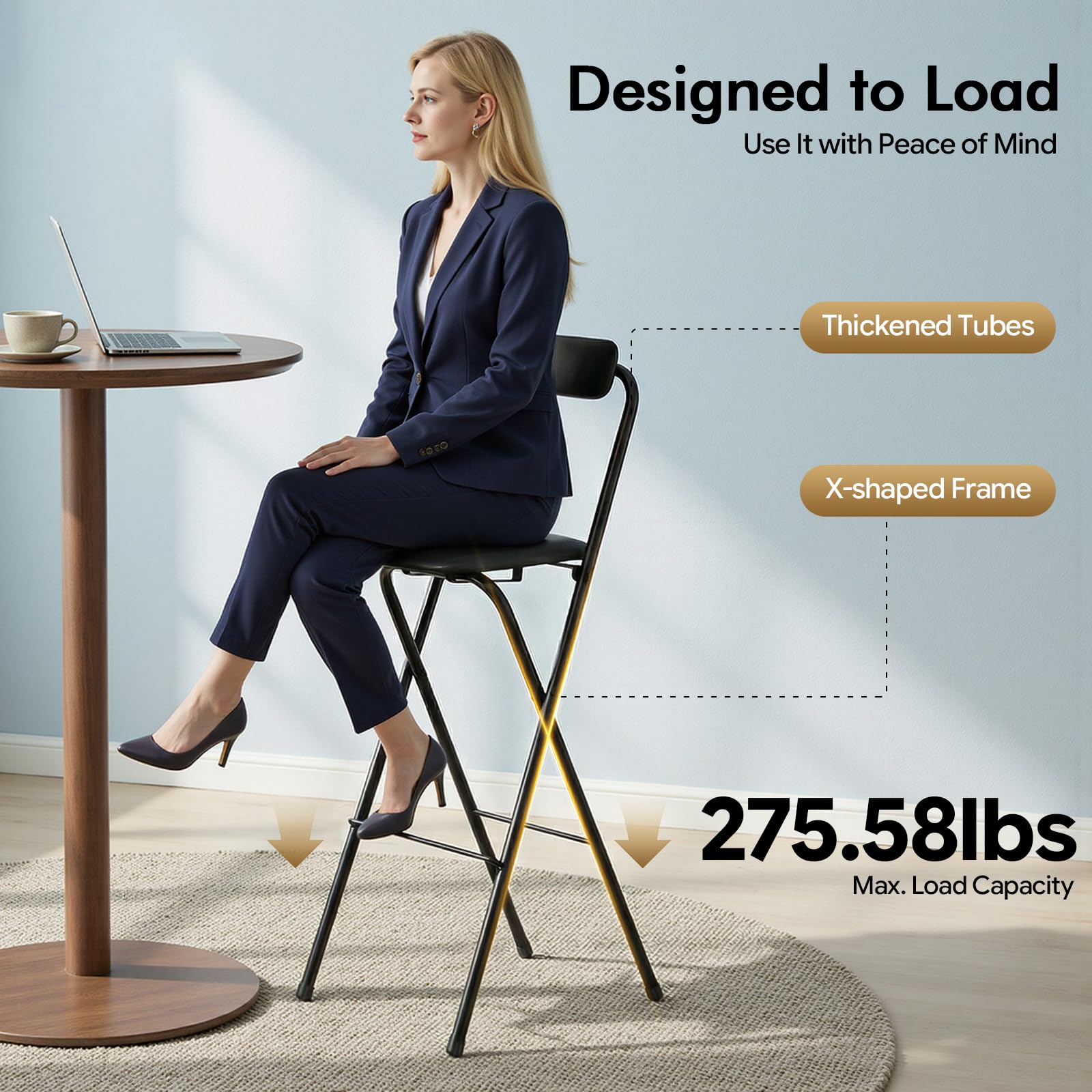 Tabouret Haut de Bar Pliant, Tabouret et Chaise de Bar Haute Pliante Pliable avec Dossier pour Exterieur Interieur Camping Jardin Balcon Salon/Assise Noire/Hauteur D'Assise 75CM