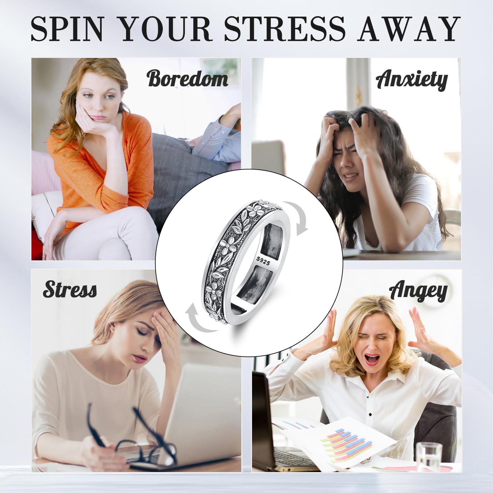 Fidget Ring Spinner 925 Sterling Silber Fidget Ring für Angst Filigrane Ringe Angst Relief Spinner Ringe für Männer Frauen Valentinstag Geburtstag Geschenke, Sterling Silber