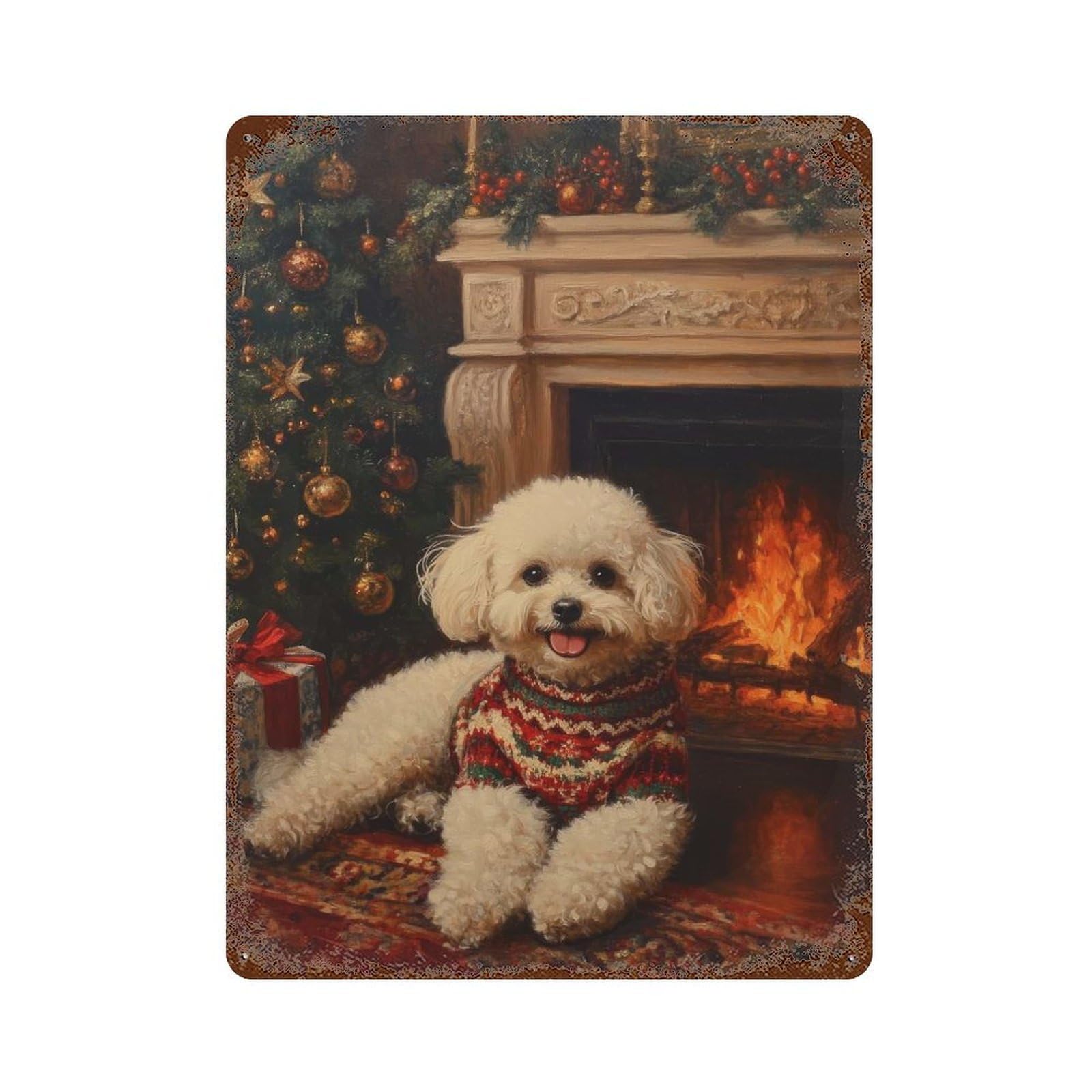 Bichon Frise in Sweater Christmas Dog by Fireplace Painting 15.7"x11.8" Aged Metal Wall Plaque, Retro Wall Decor for Farmhouse, Kitchen And Entryway Decor