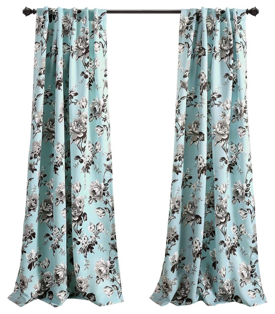 Lush Decor, Blue and Gray Tania Curtains | Floral Garden Light Filtering Window Panel Set for Living, Dining, Bedroom (Pair), 52" W x 95" L