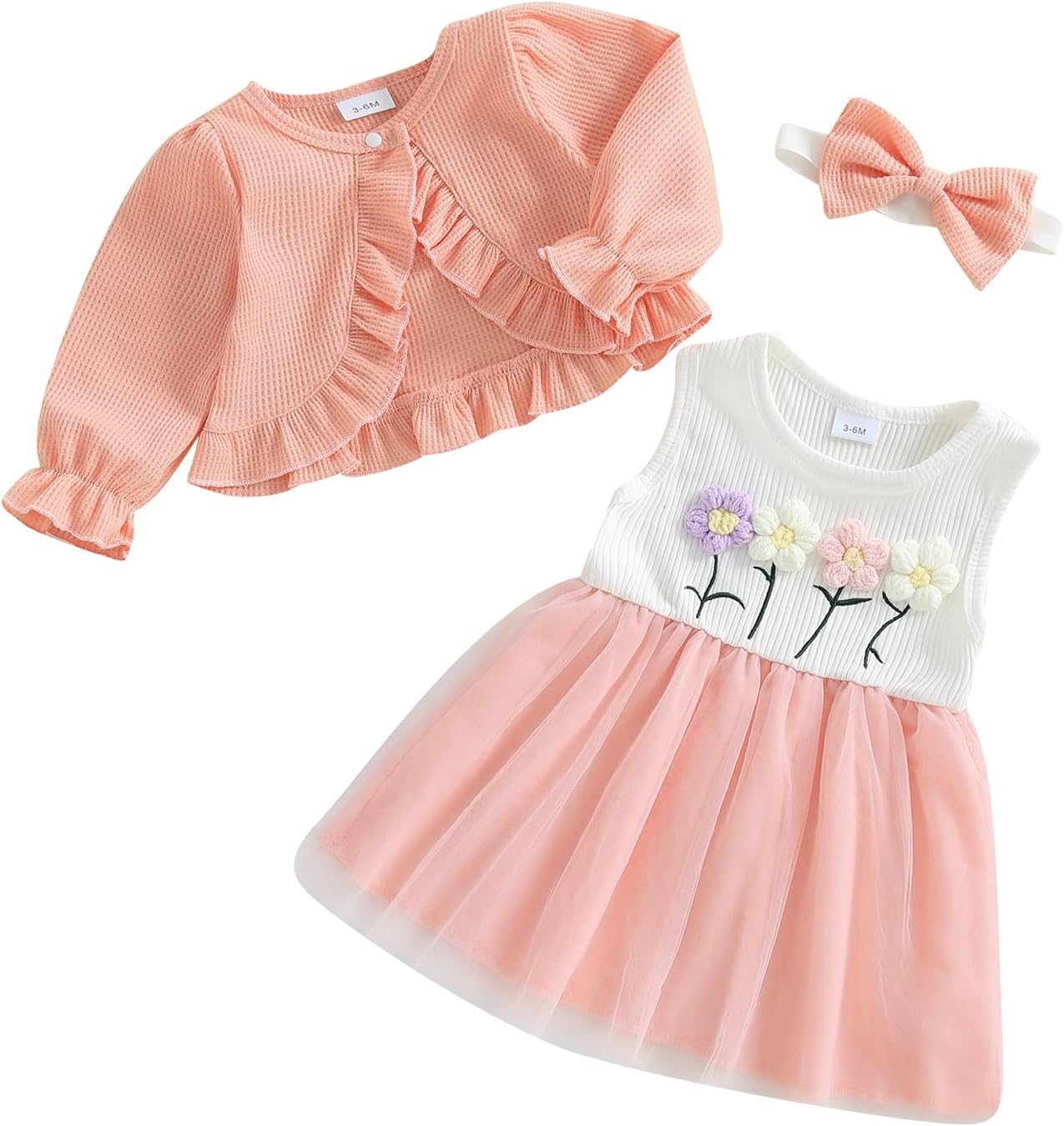 ZAXARRA Toddler Baby Girls Fashion Outfits Sleeveless Flower Print Dress Long Sleeve Ruffle Coat Bow Headband Clothing sets