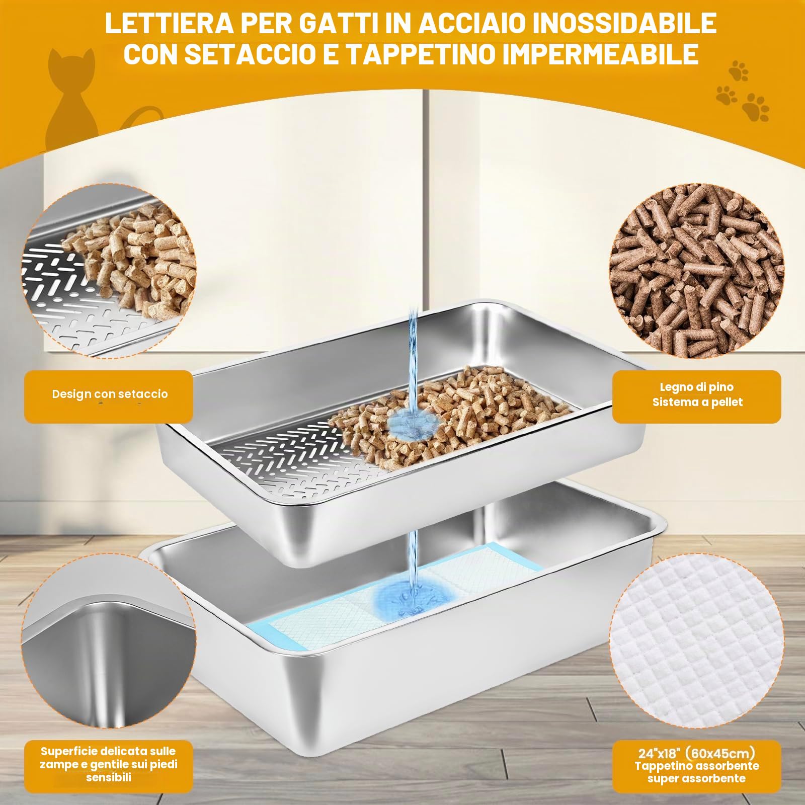 Gabinetto per lettiera in acciaio inossidabile con coperchio, grande vassoio per riempimento per lettiera per gatti con pellet di pino e gatti di piccola taglia (20 cm)
