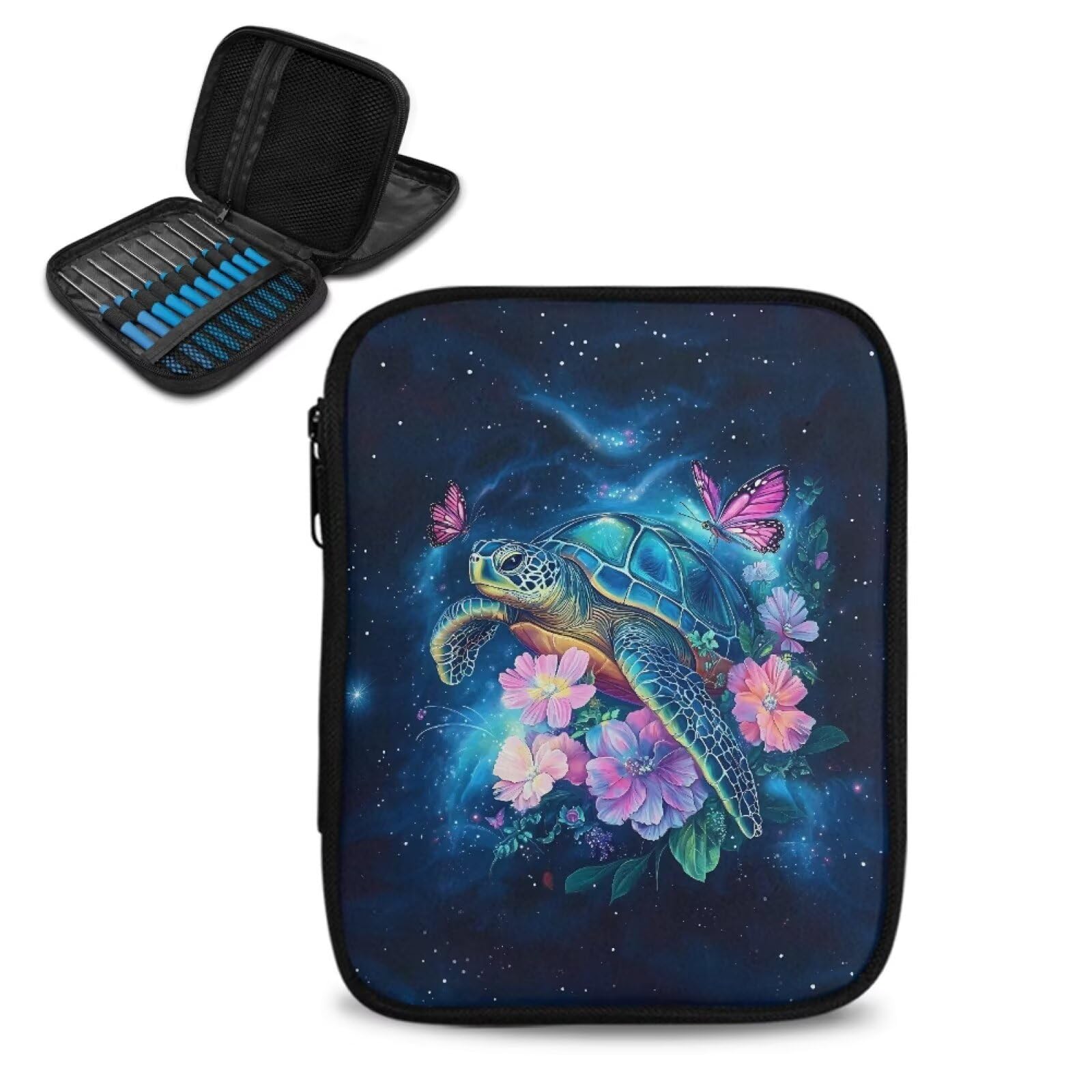 Turtle Crochet Hook Case with Web Pockets Butterfly Knitting Needle Case Portable Crochet Storage Organizer Empty for Airports and Parks Washable East to Carry