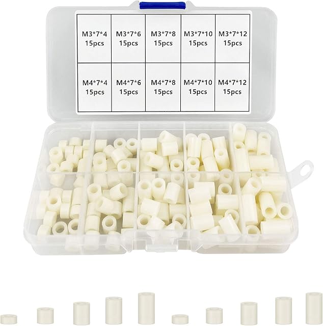 150pcs ABS Round Spacer Washer Assortment Kit Insulation Spacer, for M3 M4 Screws Nylon Non Threaded Column Standoff Support Spacer, with Storage Box(White)