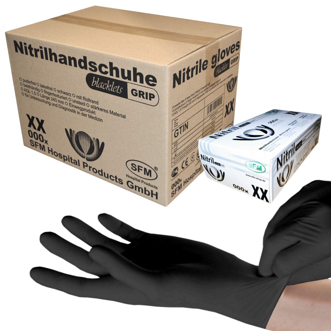 SFM ® BLACKLETS GRIP Nitril : S, M, L, XL schwarz puderfrei F-tex Einweghandschuhe Einmalhandschuhe Untersuchungshandschuhe Nitrilhandschuhe XS (1000)