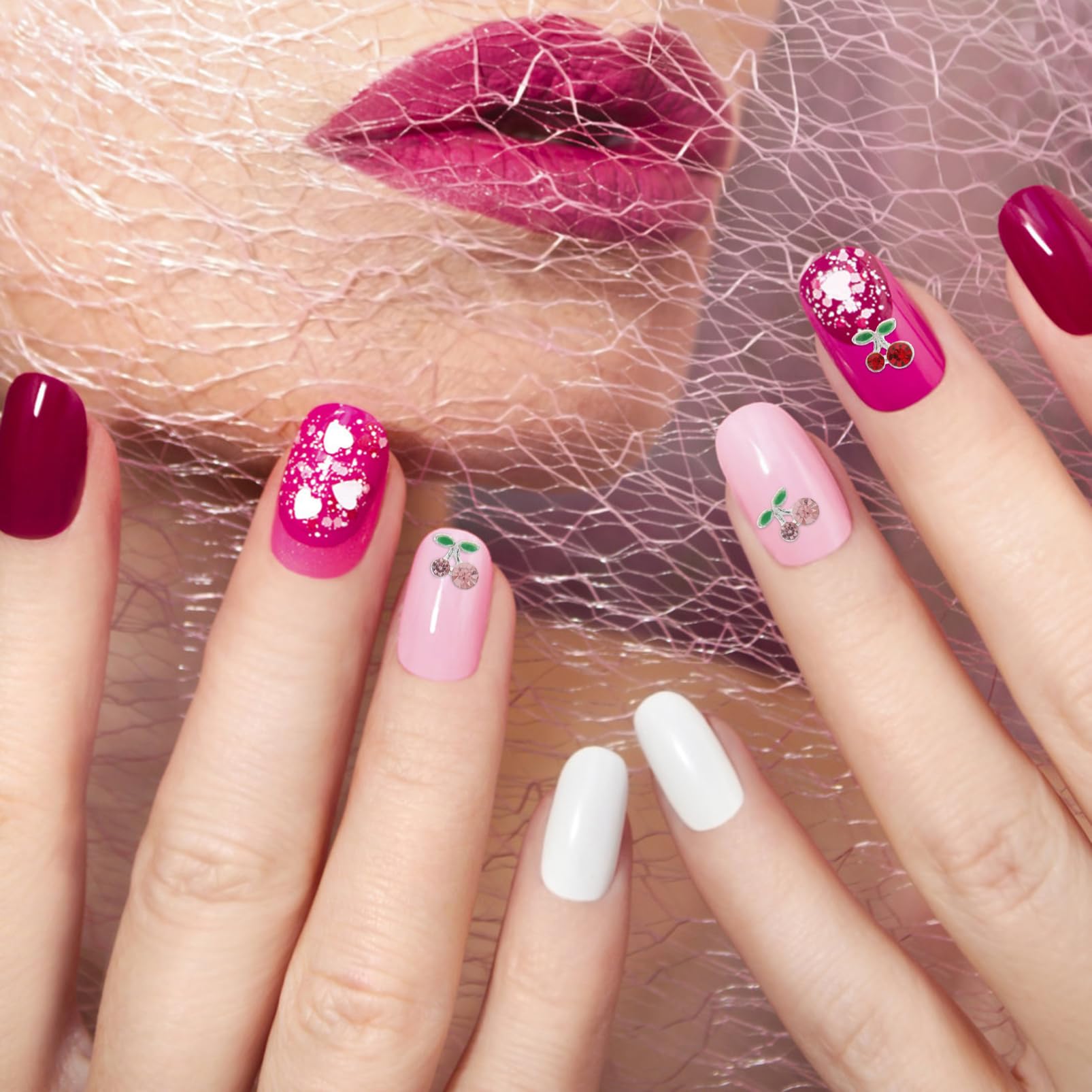 Mipcase 180pièces Charms Cerise Décorations Nail Art Forme De Cerise Bijoux Éclatants Pour Manucure Pour Fêtes Et Événements Spéciaux