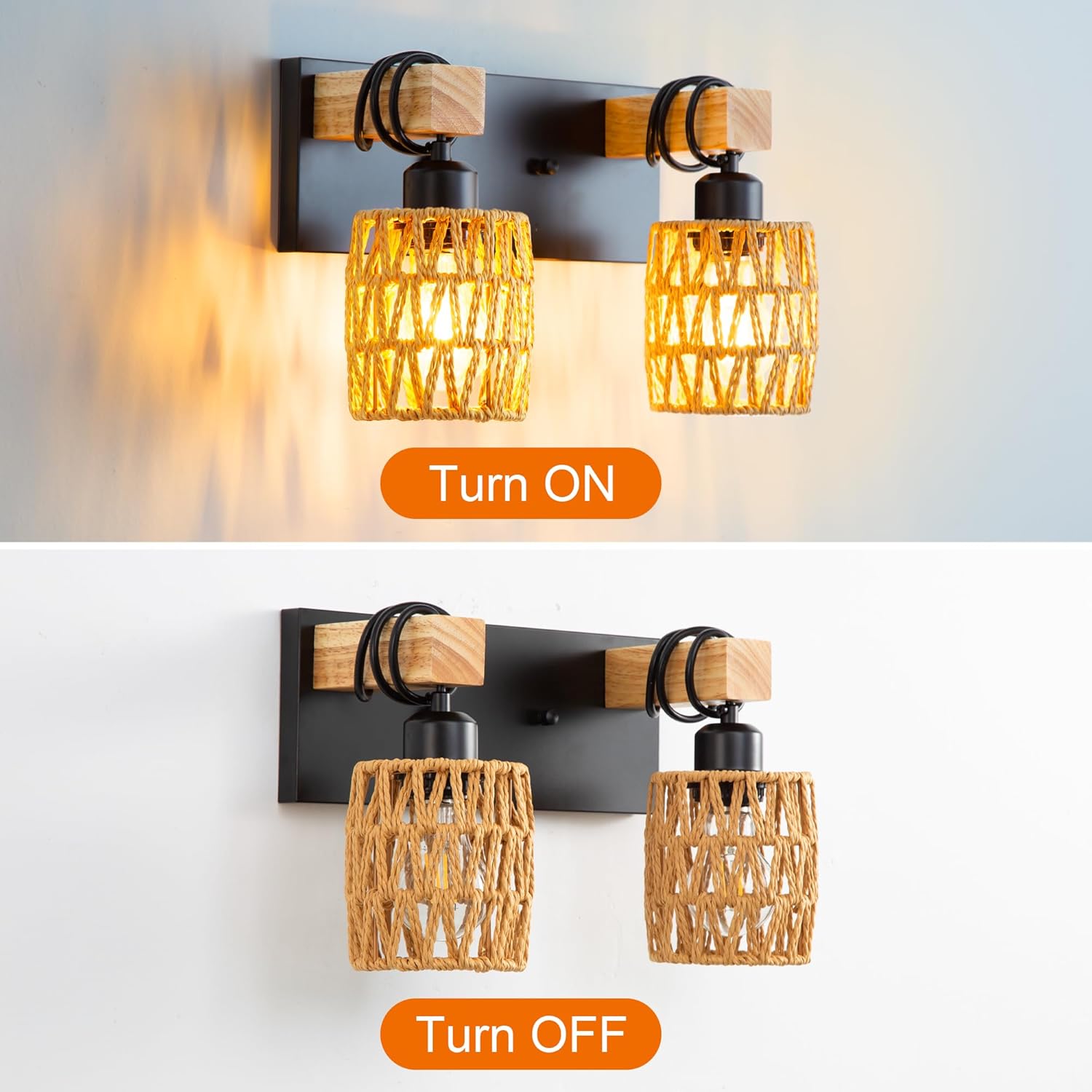 2-Light Farmhouse Bathroom Vanity Light Fixtures Over Mirror, Wood Rustic Boho Rattan Wall Sconce with Hand Woven Wicker Lampshade, Black Wall Lighting for Hallway, Living Room, Bedroom, Spa Room