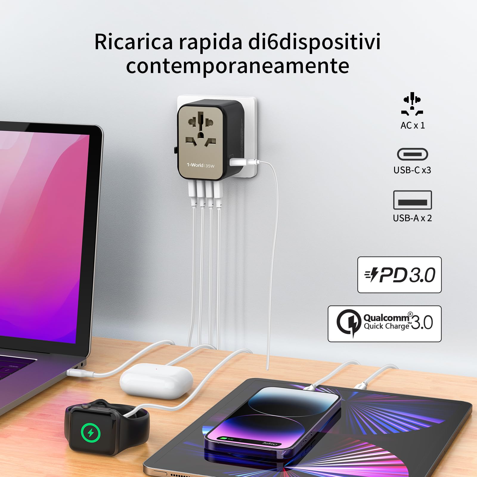 MOMAX Adattatore universale da viaggio PD35W con 3USB-C, 2USB-A e 1AC, adattatore internazionale per USA Canada UK Australia Cina Giappone Titanio