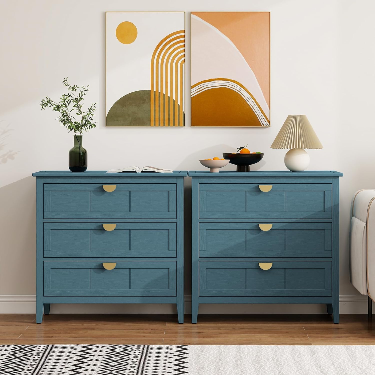 31.5" Wide Wood Nightstand with 3 Drawers, Modern Storage Cabinet with Solid Wood Legs & Golden Handles, Large Accent Table for Bedroom, Blue, 2 PC