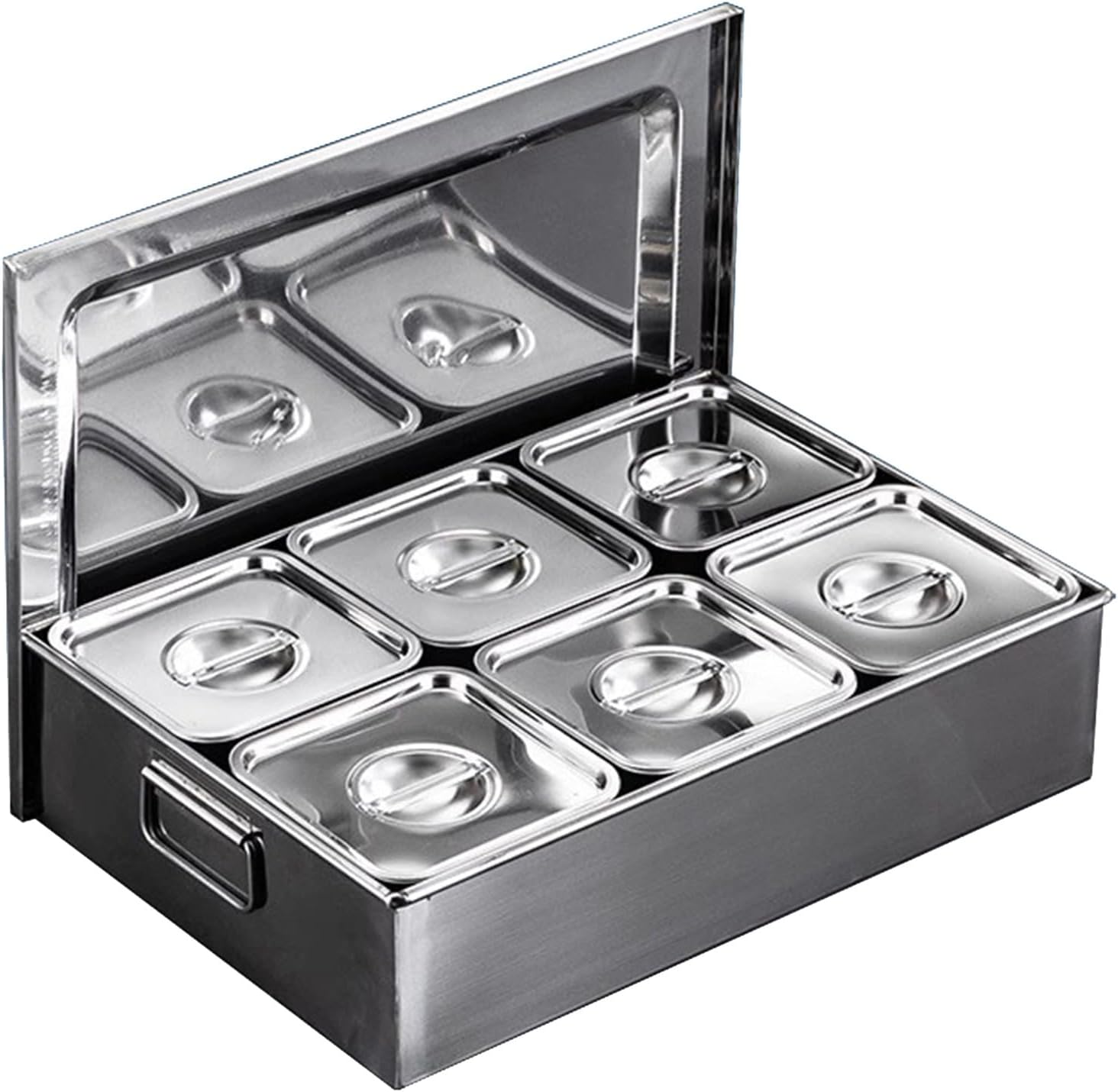 Commercial Spice Racks Set, 6/8/9/12 Grids Stainless Steel Salt Sugar Condiment Storage Organizer Box For Kitchen Topping Station, Seasoning Fruit Container Dispenser(Silver-A,50x34.4x11.9cm)