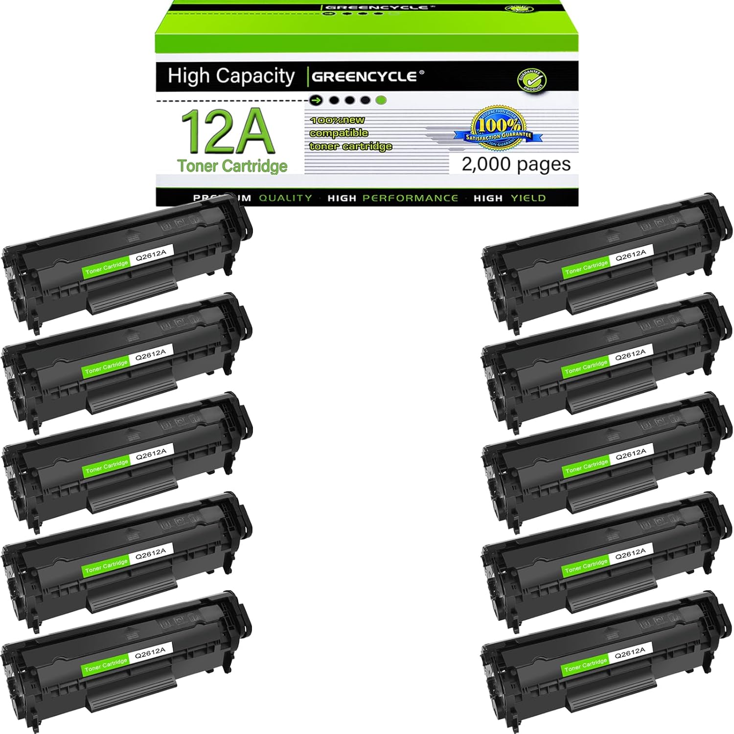 greencycle Q2612A Toner Cartridge Replacement Compatible for HP 12A Black Toner Cartridge LaserJet 1010 1012 1018 1020 1022 1022N 3015 3030 3052 3055 M1005 M1319F Printer Ink Cartridge (10PCS)