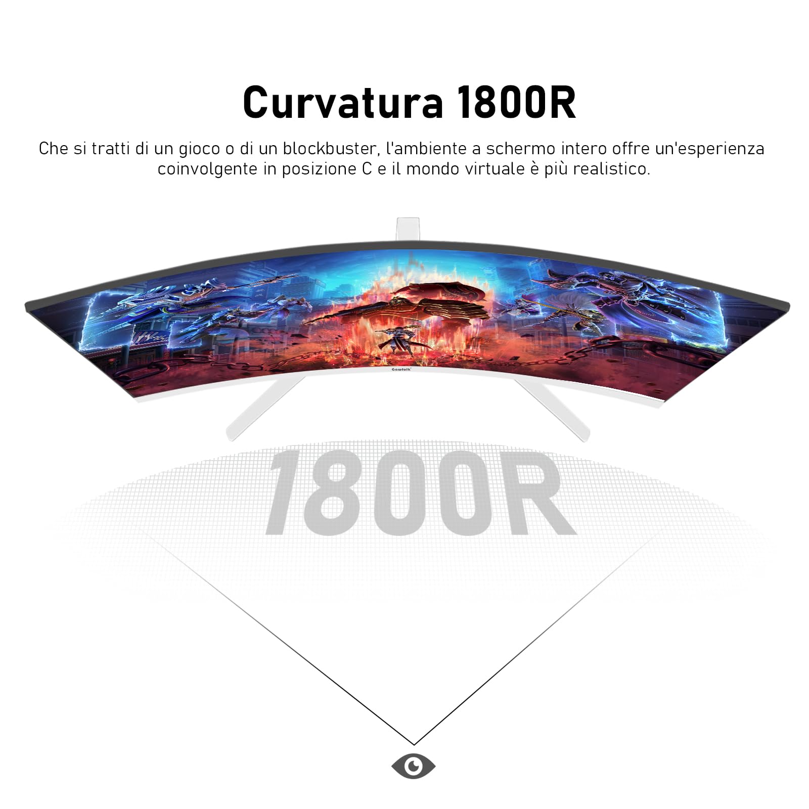 Gawfolk 27 pollici 180Hz curvo monitor per computer da gioco, 1800R，FHD 1080P, 98% sRGB, 1ms，FreeSync，178 ° grandangolo,HDMI、DisplayPort，Compatibile con il montaggio a parete 100 * 100mm - bianco