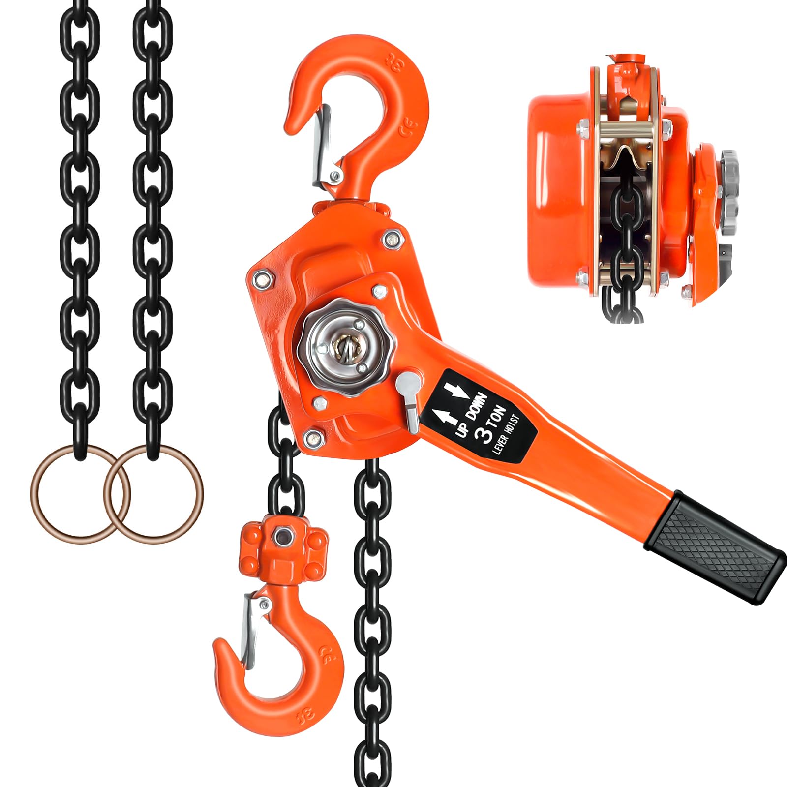 Hebelzug Manuell 2 Tonnen G80 Galvanisierter Stahl Doppel Haken 360 Grad Drehbar Ratschenzug fur Baustelle Garage Lager Schwerlast Hebezeug Profi Kettenzug(1.5t-1.5m)