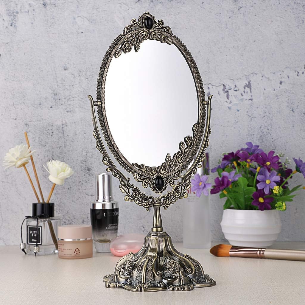 JUXYES Metal Tabletop Antique Decorative Makeup Mirror with Stand, Vintage Swivel Double Sided Cosmetic Mirror with Frame, Retro Desktop Oval Dressing Mirror for Bathroom Bedroom