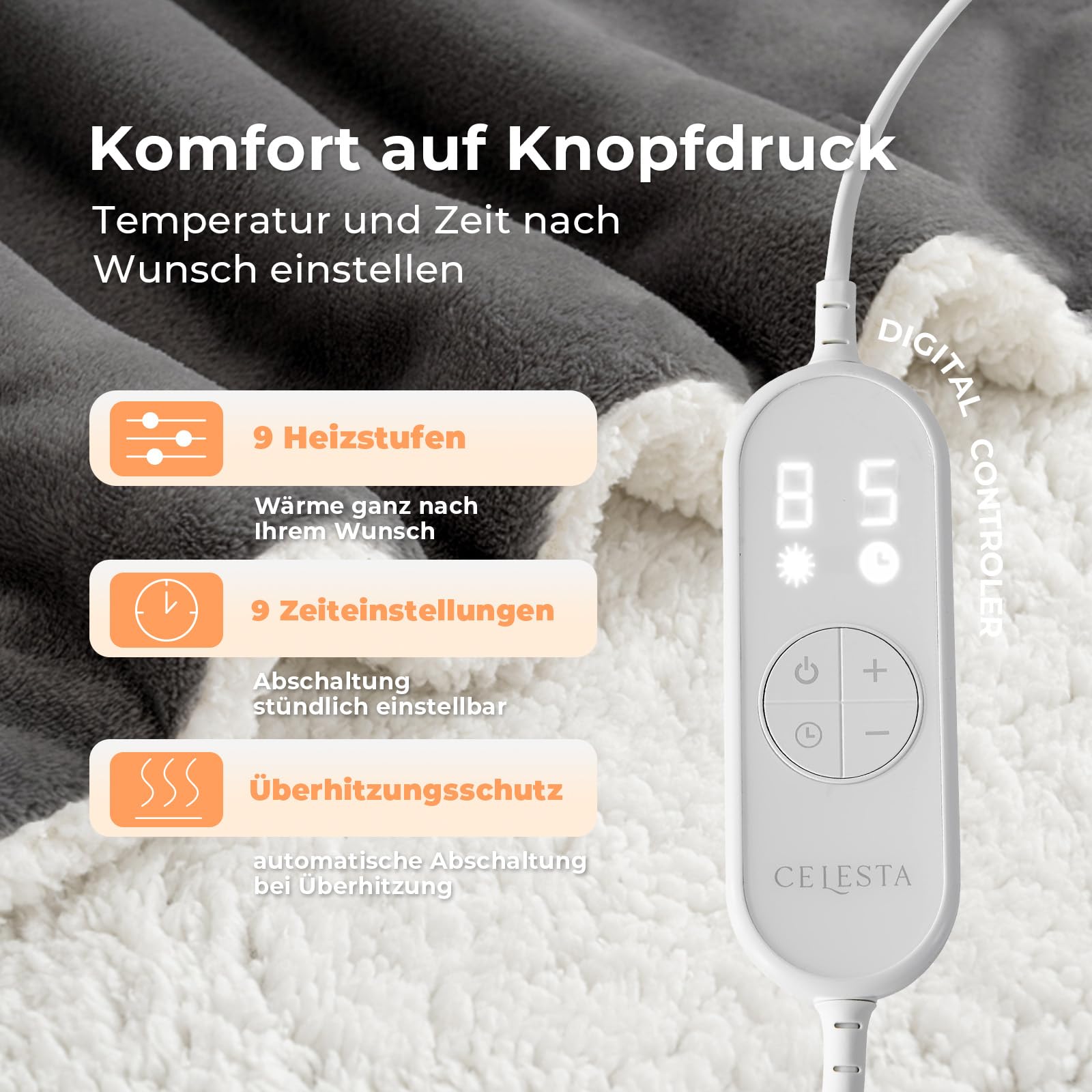 CELESTA Wärmedecke Heizdecke mit Abschaltautomatik, Heizdecke 160x120, 9 Heizstufen 1-9H Timer Auto-Aus, Wärme Decke Flanell-Sherpa, Maschinenwaschbar - für Sofa, Bett und Büro, Dunkelgrau