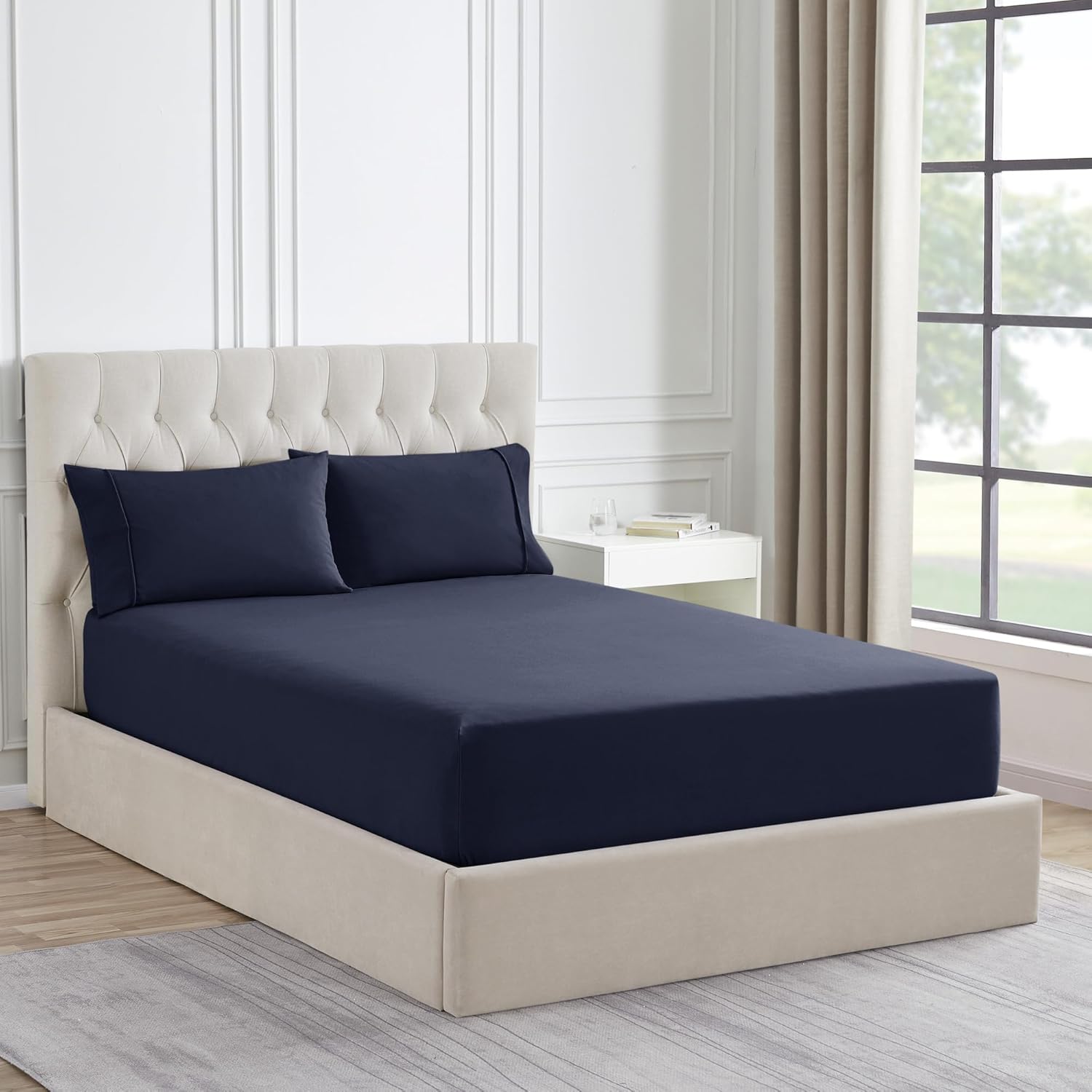 Queen Flannel Fitted Sheet Only with Full Elastic & Built in Corner Sheet Straps to Prevent Shifting - Soft & Breathable Flannel Bottom Sheet, Queen, Navy Blue