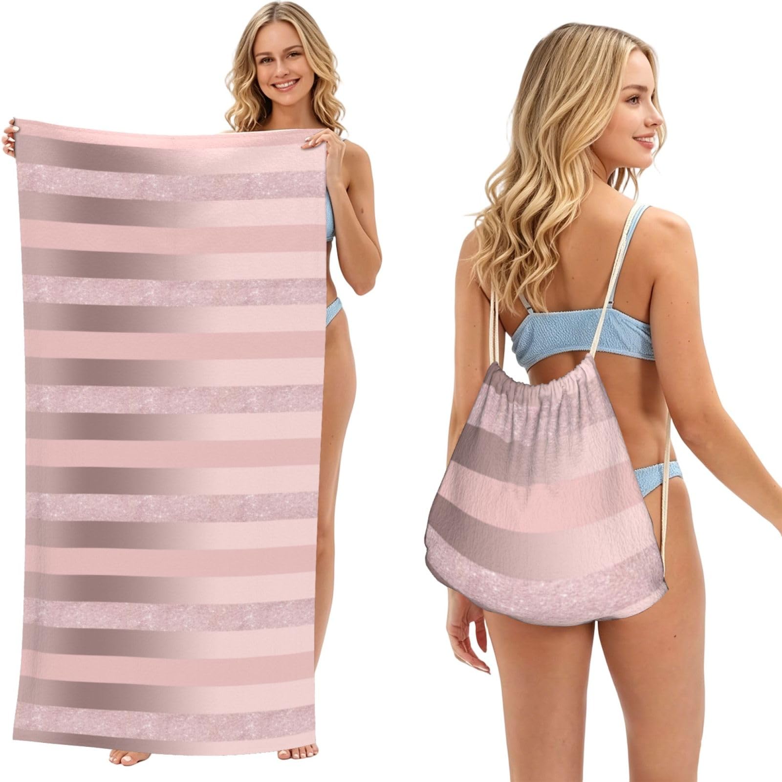 Poadnly As Picture Elegant Rose Gold Glitter Blush Pink Stripe, 2 In 1 Packable Towel Bag, Beach Towels With Drawstring Backpack For Travel Holiday Camping