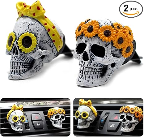 Sugar Skull Decor for Women Sunflower Air Fresheners Car Accessories Interior Aesthetic Dashboard Decorations Truck Stuff for Girls Cute Auto Charm Vent Clips Halloween Decors Christmas Gifts for Mom