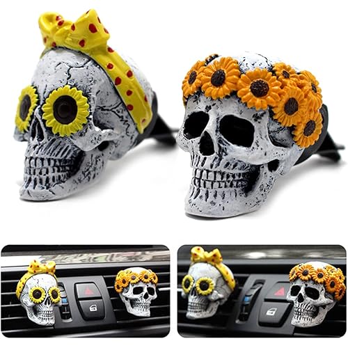 Sugar Skull Decor for Women Sunflower Air Fresheners Car Accessories Interior Aesthetic Dashboard Decorations Truck Stuff for Girls Cute Auto Charm Vent Clips Halloween Decors Mothers Gifts for Mom