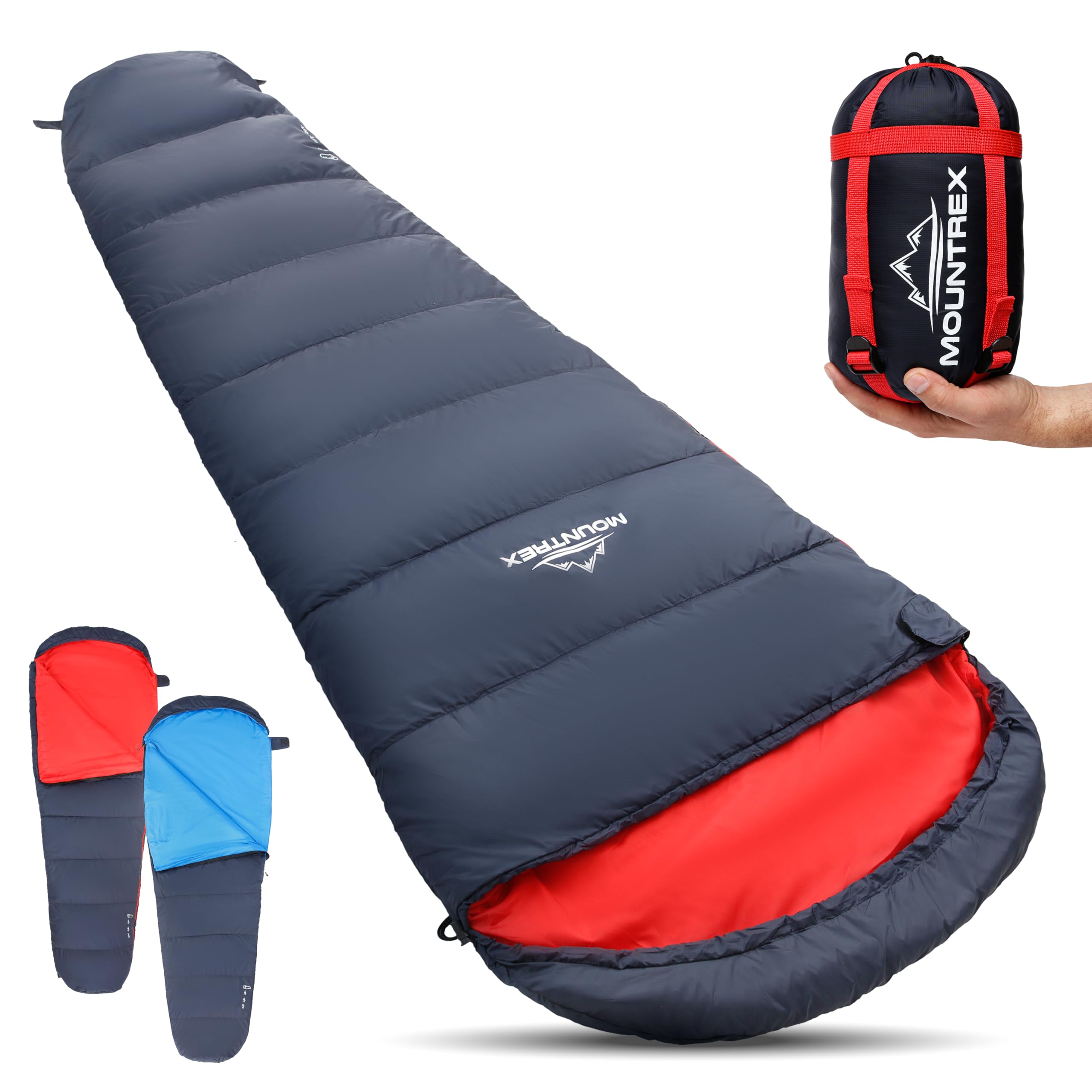 MOUNTREX Slaapzak - Licht en Compact (1.5kg), Mummie Slaapzak- Outdoor, Kamperen, Reizen, Festivals (205 x 80cm) - Koppelbaar (3-4 Seizoenen, Marineblauw/Blauw, Links