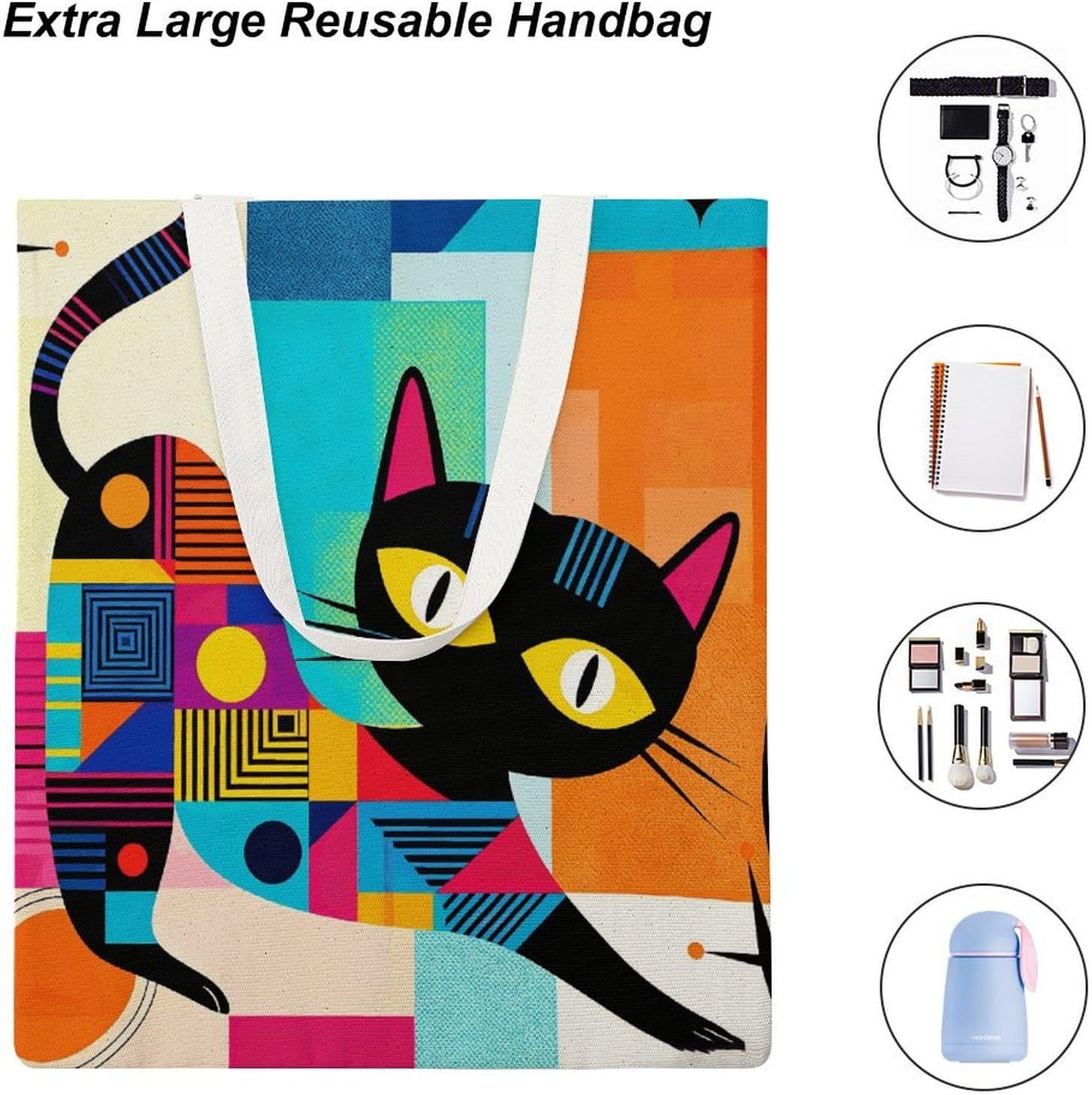 Medieval Black Cats Canvas Tote Bag Reusable Grocery Bags Foldable Soft Cotton Shoulder Carry Bag