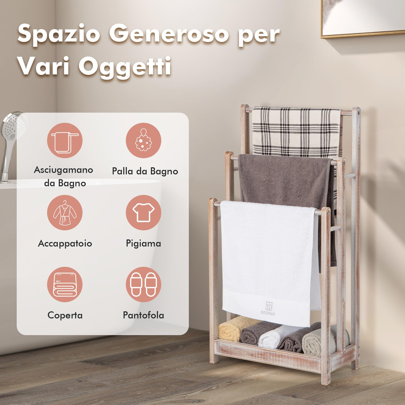 COSTWAY Portasciugamani in Legno da Terra, Porta Asciugamani a 3 Livelli con Mensola Inferiore, Dispositivo Anti-Ribaltamento, Supporto Leggero per Asciugamani da Bagno e Stanza Lavanderia (Bianco)