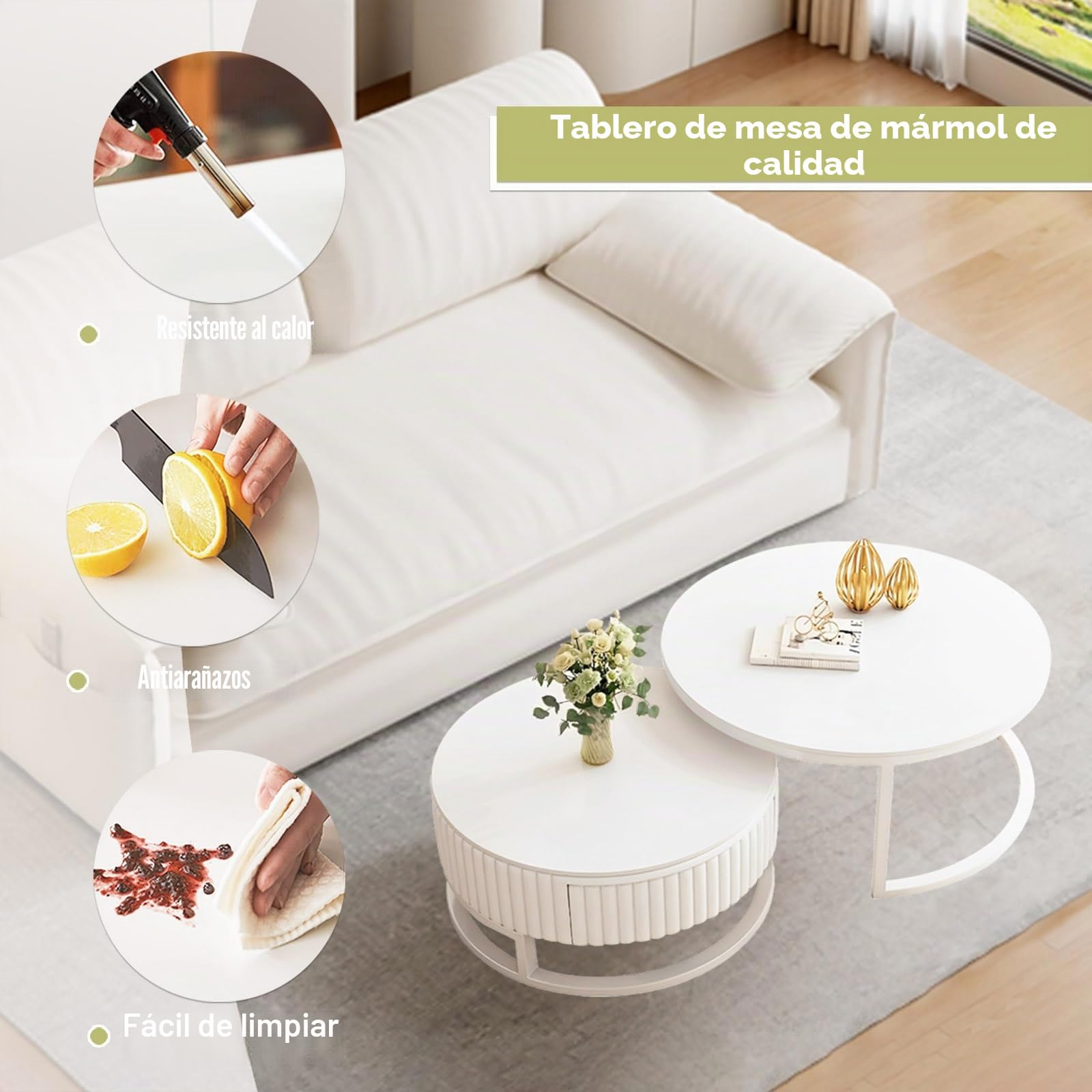 Mesa De Centro Redonda Blanca Con Madera Y Cajones Moderno Mesa De Centro De Mármol Mesa Nido Juego De 2 Mesas Auxiliares Para Salón Robusto Armazón Metálico
