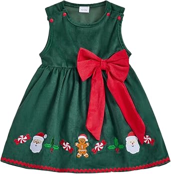 Baby Girl Christmas Green/Red Corduroy Dress with Big Bow