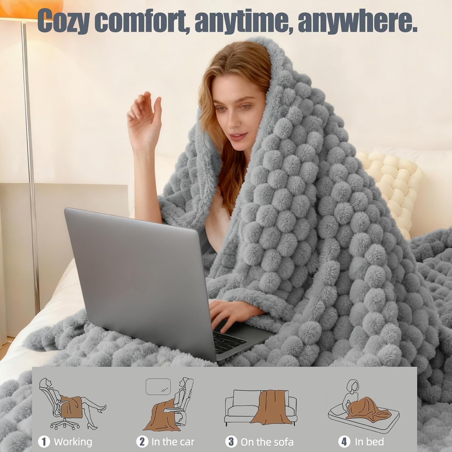 Heated Blanket Throw 50" x 60" Soft Ribbed Faux Fur Flannel Fast Heating 12 Heat Levels 1–12H Timer & Overheat Protection & Auto Shut-Off & ETL FCC & Machine Washable Heated Throw - Image 9