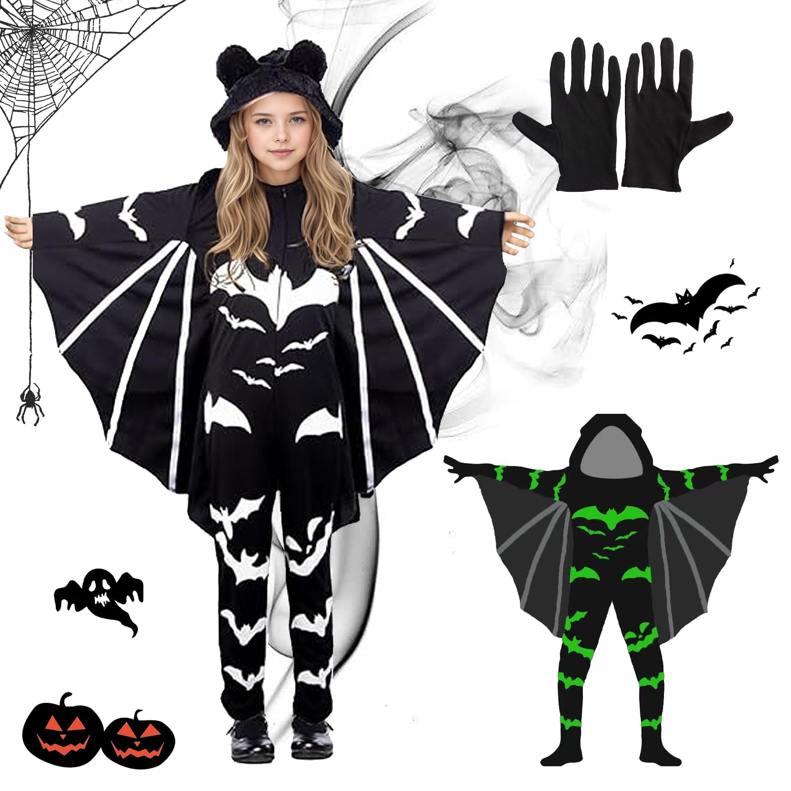 Hexen Umhang Set SFSSHUI Fledermaus Kostüm Kinder - Halloween Umhang Set  Mit Hut \u0026 Kürbis Tasche Für 90-150cm Kinder Kostüm, image size:1600x1600