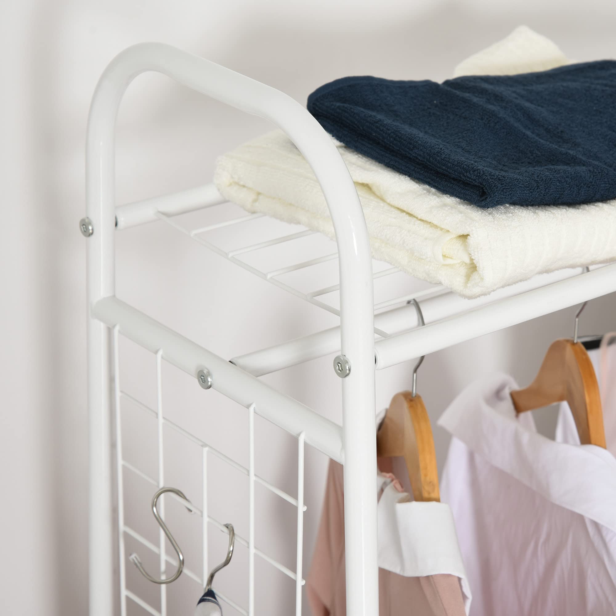HOMCOM Perchero Metálico con Ruedas para Ropa con Riel Cajones 99x47x185cm | Colgador para Ropa, Estantes, Organizar Bolsos Zapatos, Hogar Vestidor Pasillo