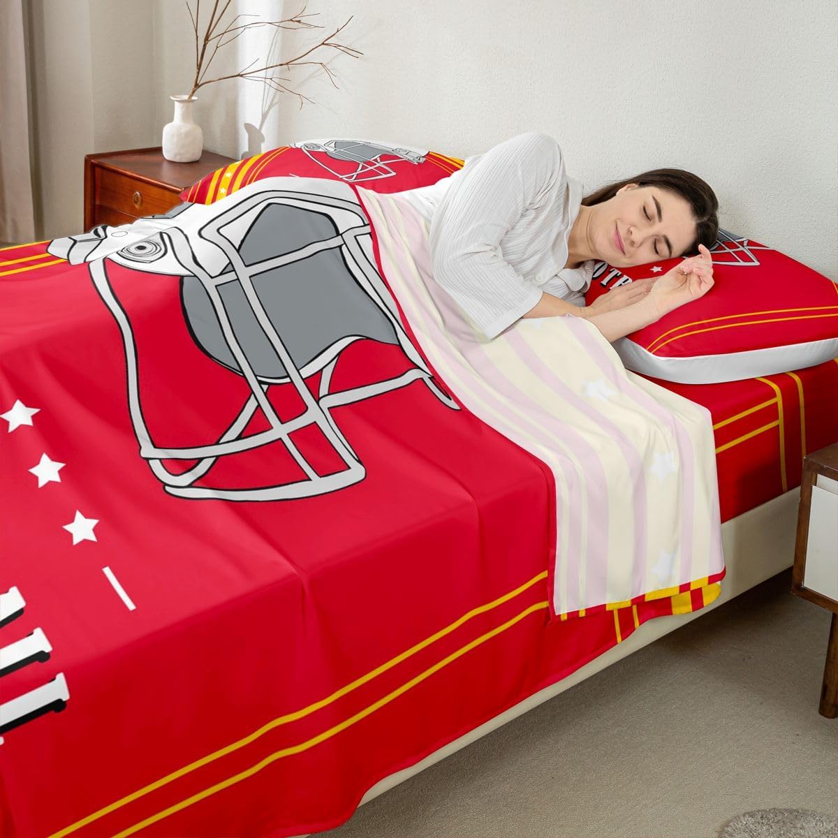 Erosebridal Gridiron Sheet Set Rugby Decor Sports Game Bed Sheets Set Twin, Boys Football Sheets Red Yellow White Stars Stripes Top Fitted Sheet 3Pcs