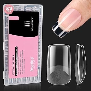 Beetles Gel Nail Tips Etch-X, Square Short, 576Pcs 12 Sizes, Pre-Shaped Half Matte Full Cover Soft Acrylic Fall False Nail Tips Easy DIY Press On Nail Extension Manicure Salon Gift for Women