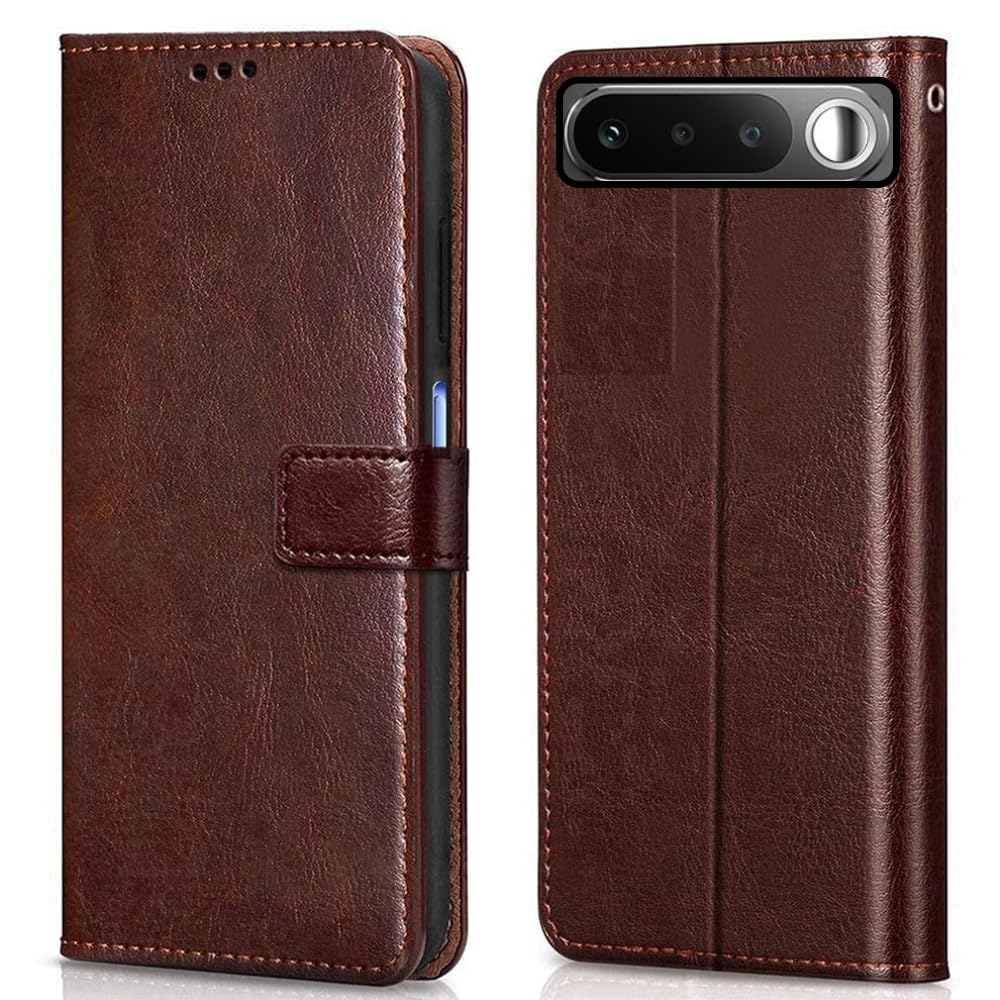 Leather Flip Case Cover Compatible with Back case Cover for Realme 16 5G |Hand-Stitched Leather Finish| Lightweight| Inbuilt Card Pockets |(Brown)