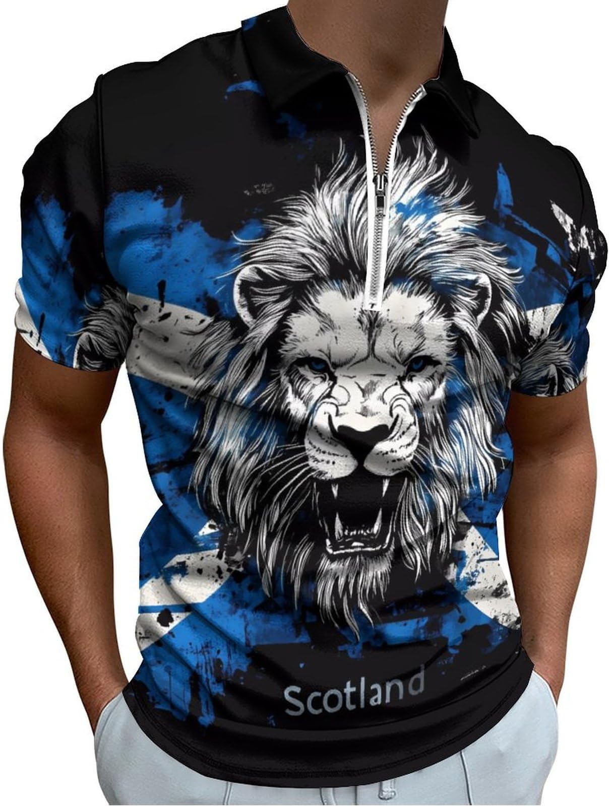 Scotland Scottish Lion Casual Zipper Polo Shirts for Men Short Sleeve Golf Collared Light Fit Tee