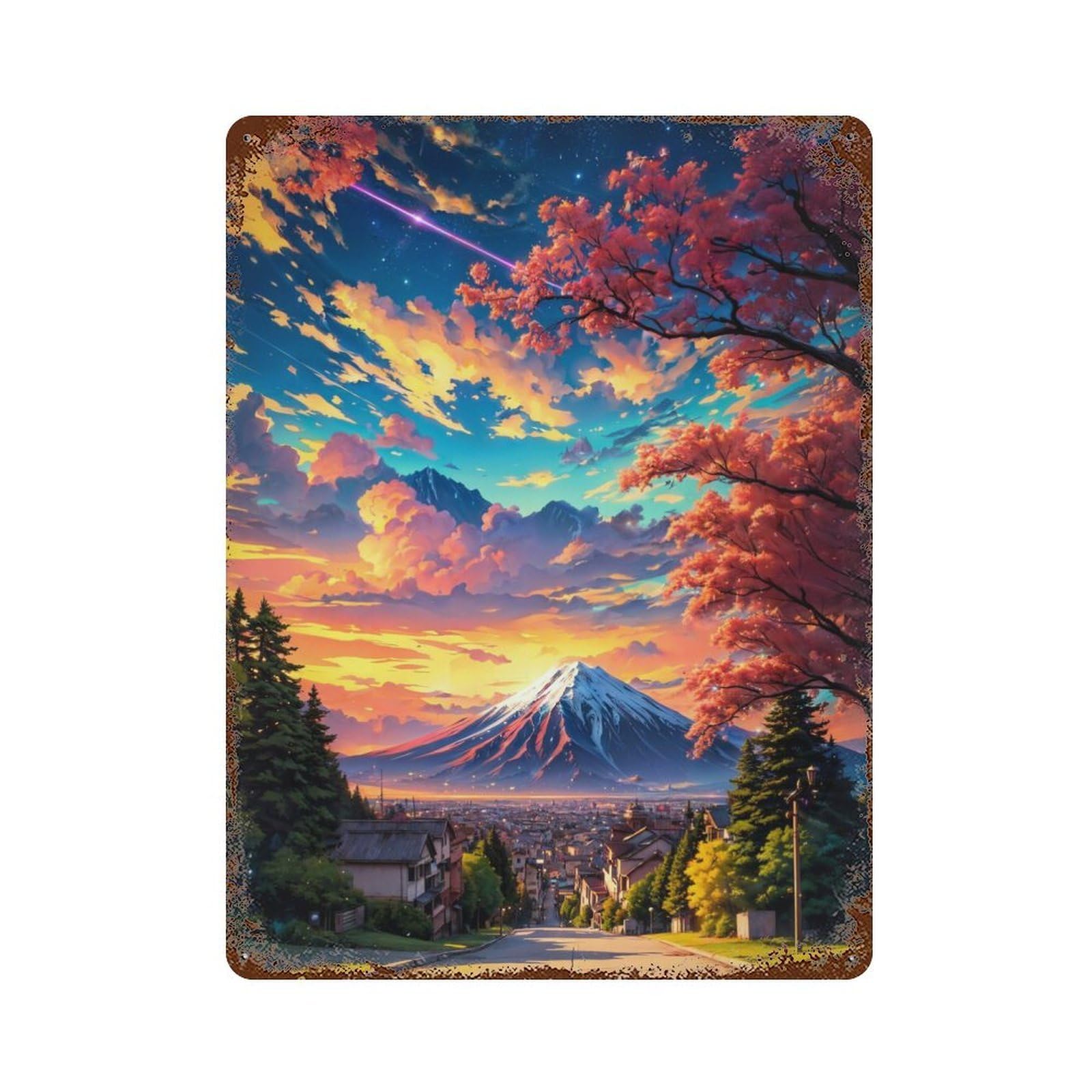Sakura Mount Fuji Sunset Anime Aged Metal Wall Plaque 15.7"x11.8", for Living Room, Hallway And Home Decor, Shabby Chic Decor