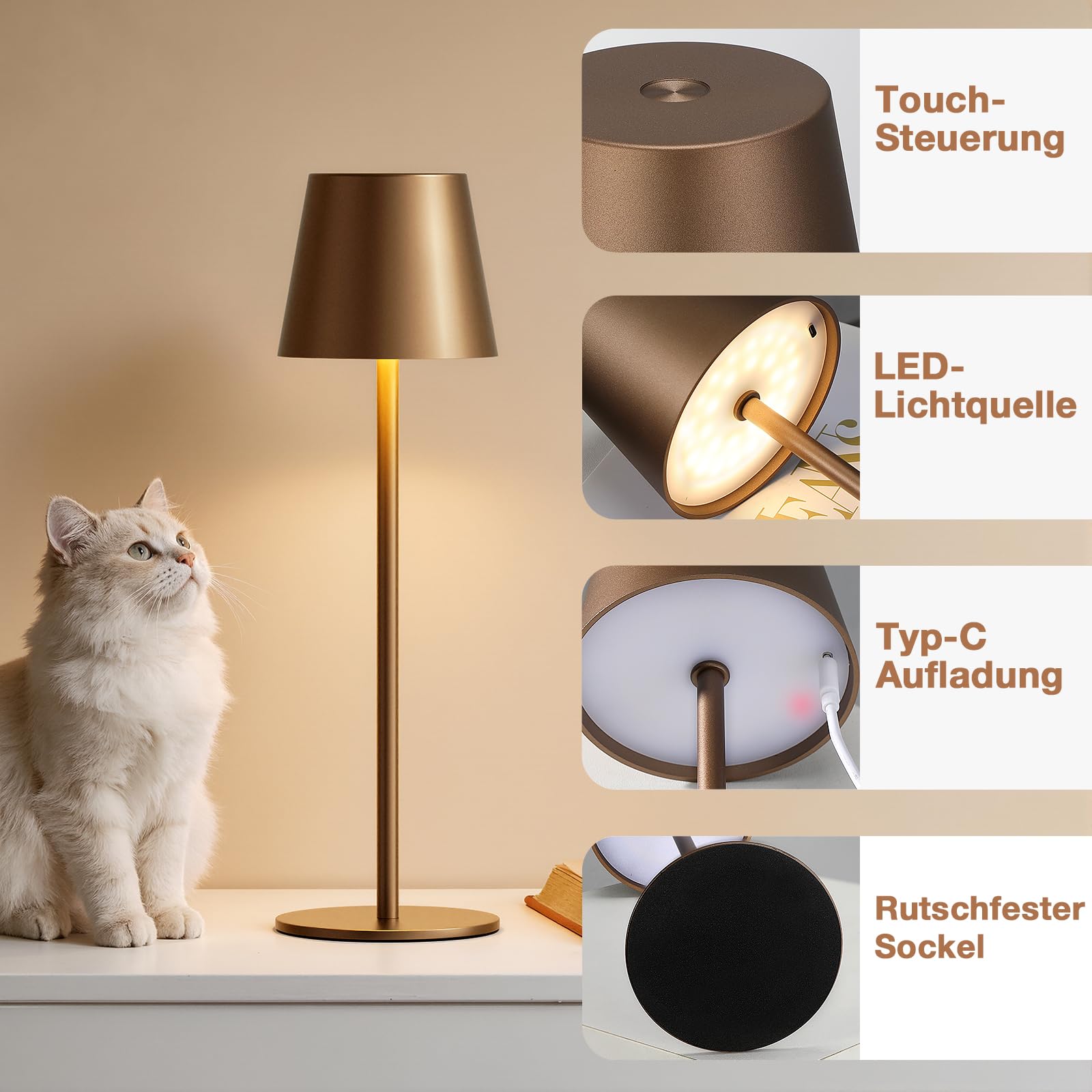 2 lampade da tavolo senza fili, a LED, dimmerabili, touch con 3 temperature di colore, per esterni, USB-C, ricaricabile, per comodino, tavolo da pranzo, campeggio (marrone)