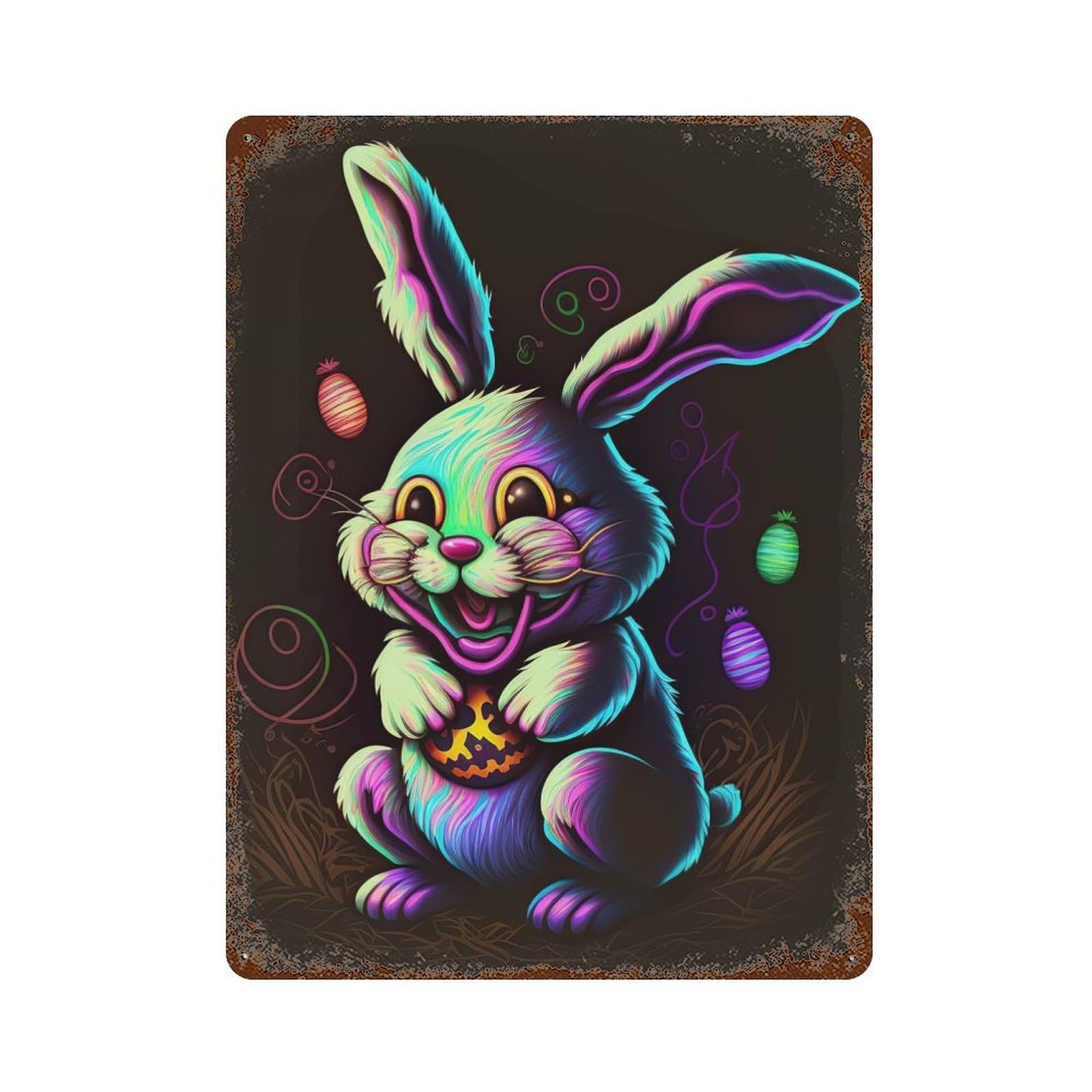 Bunny Colorful Rust Effect Tin Sign 15.7"x11.8", Industrial Home Decor for Basement, Hobby Room And Garage Decor