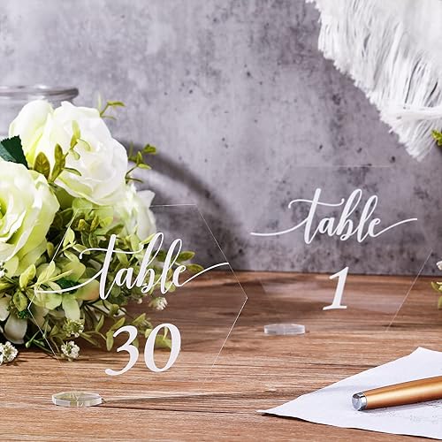 30 piezas de acrílico números de mesa 1-30 para recepción de boda, números de mesa transparentes 1-30 con soporte rectangular hexagonal para boda,