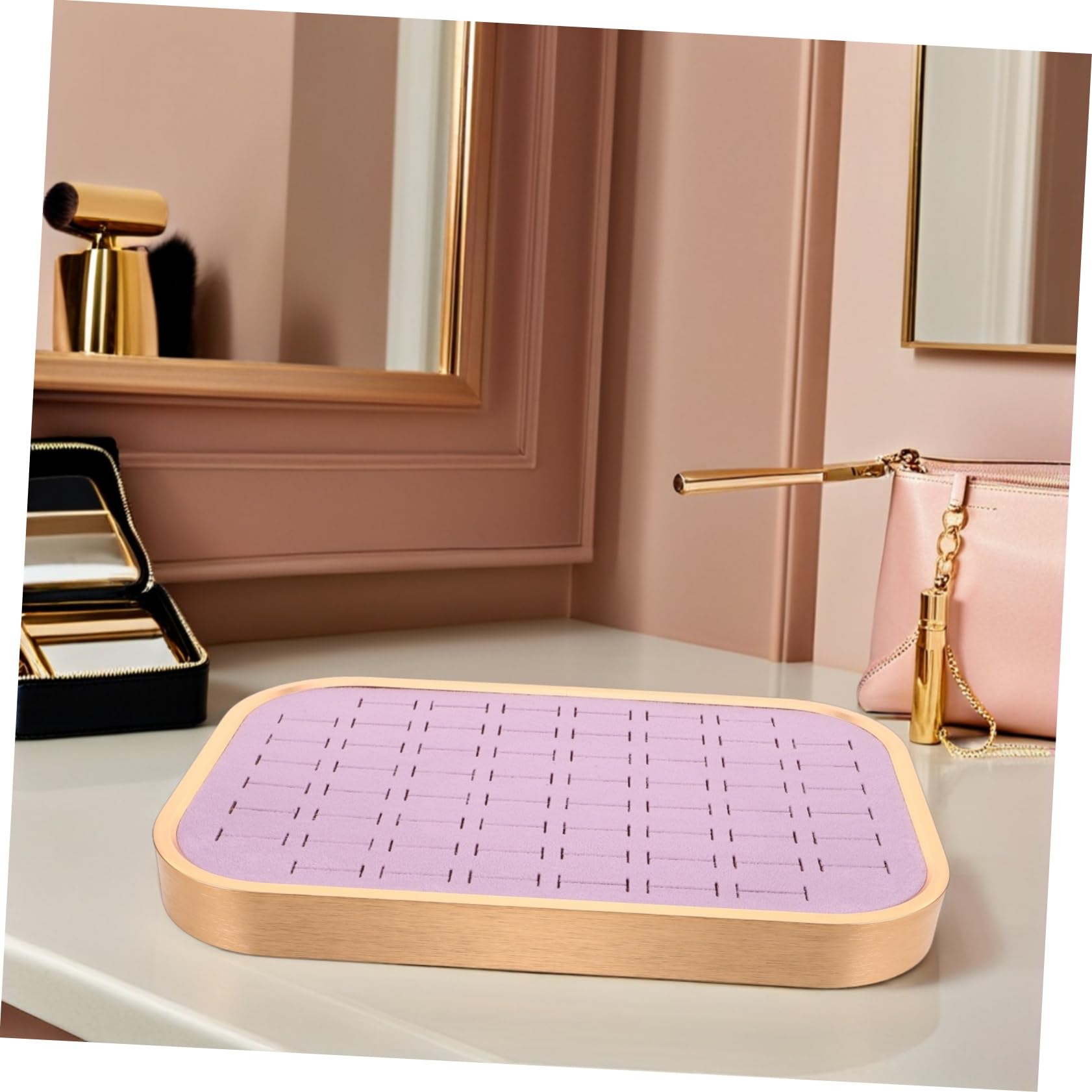 Mikikit Bandeja Organizadora de Joyas de Terciopelo Ranuras Apilables para Anillos y Colgantes Insertable Cajón para Tocador de Mujer Soporte Rectangular para Pendientes