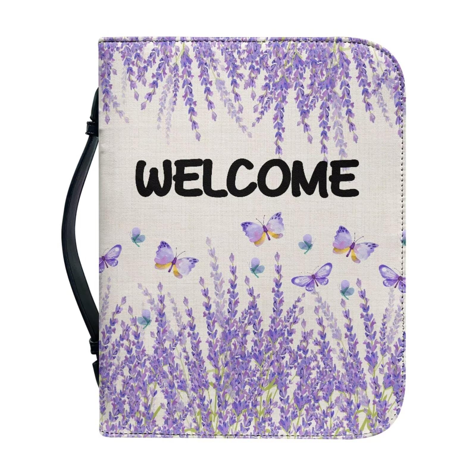 Ceudet Purple Lavender and Butterfly Bible Covers for Women, Large Capacity PU Bible Bag and Carrying Case with Handle for Church,Purple Flowers,2XL