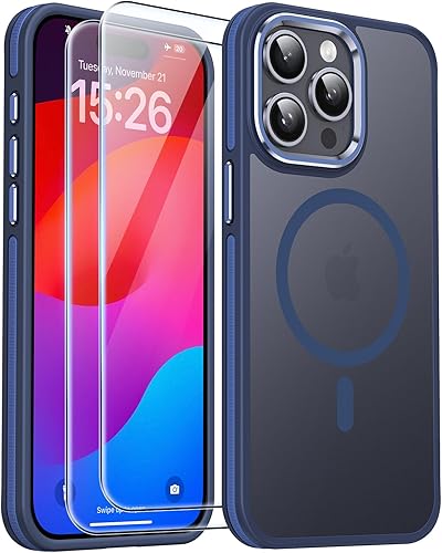 JAME Funda para iPhone 15 Pro Max con 2 protectores de pantalla de vidrio templado, compatible con Magsafe, protección de grado militar, funda
