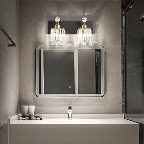 Miniatura 3 de PRESDE Lámpara de tocador de baño de 2 cristales, moderna lámpara de baño negra y dorada sobre espejo, iluminación moderna de pared de baño
