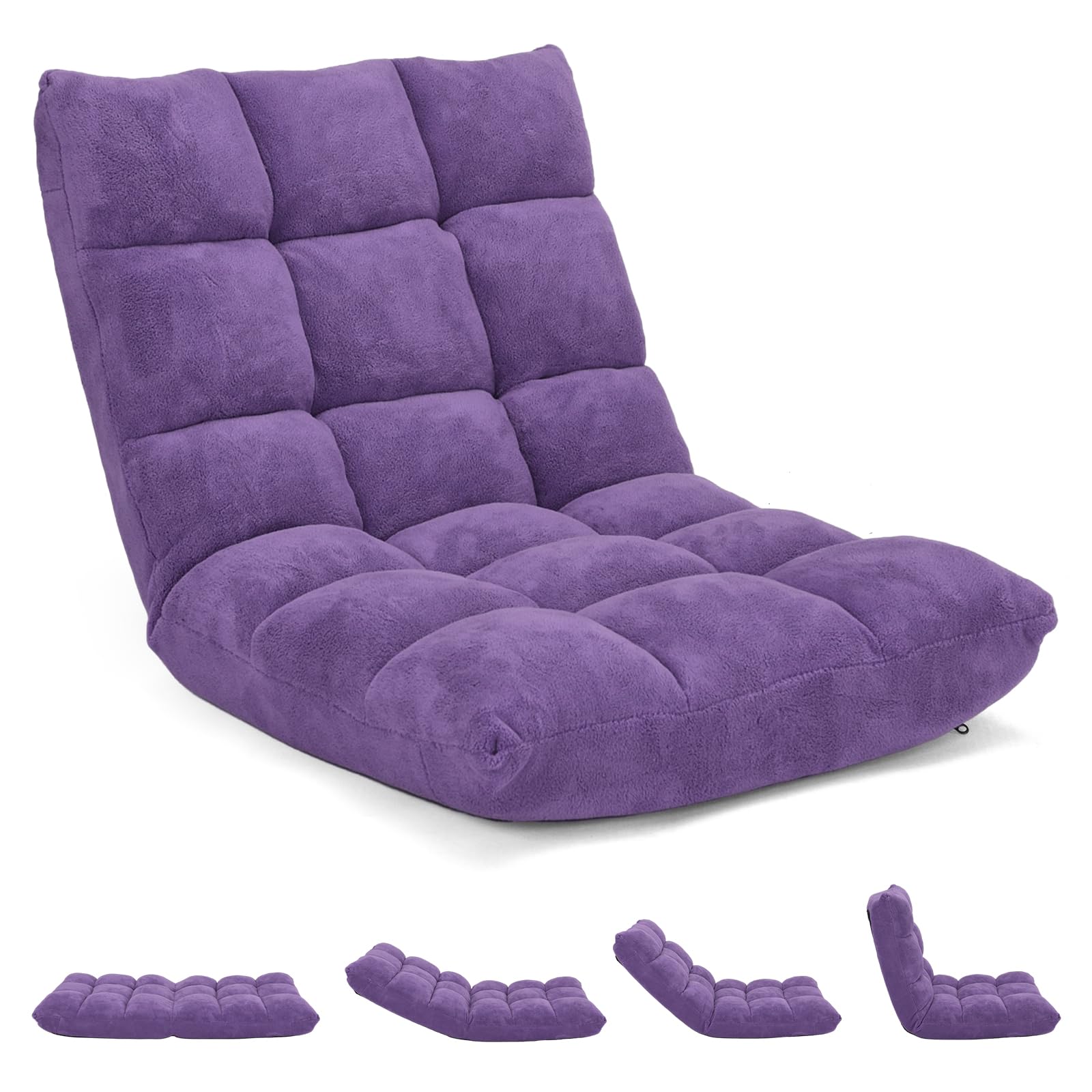 RELAX4LIFE Sedia da Terra in Velluto, Sedia Pieghevole Relax con Schienale Inclinabile in 14 Livelli, Poltrona Imbottita e Portatile Salvaspazio per Soggiorno e Camera da Letto (Viola 105×56×15cm)